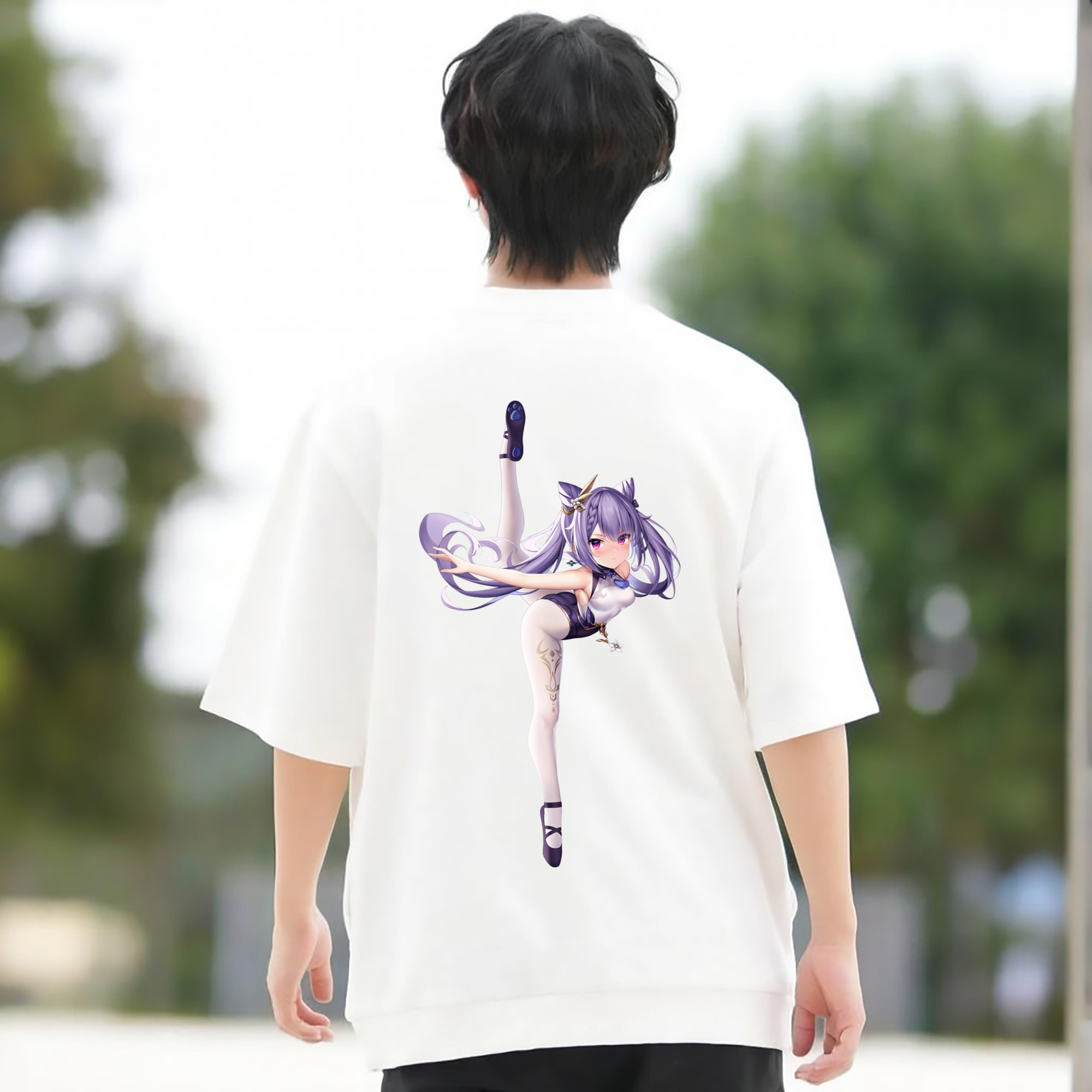 げんし神 刻晴 こくせい genshin Kokusei 綿100％ メンズ半袖Tシャツ（バックプリント） 通気性