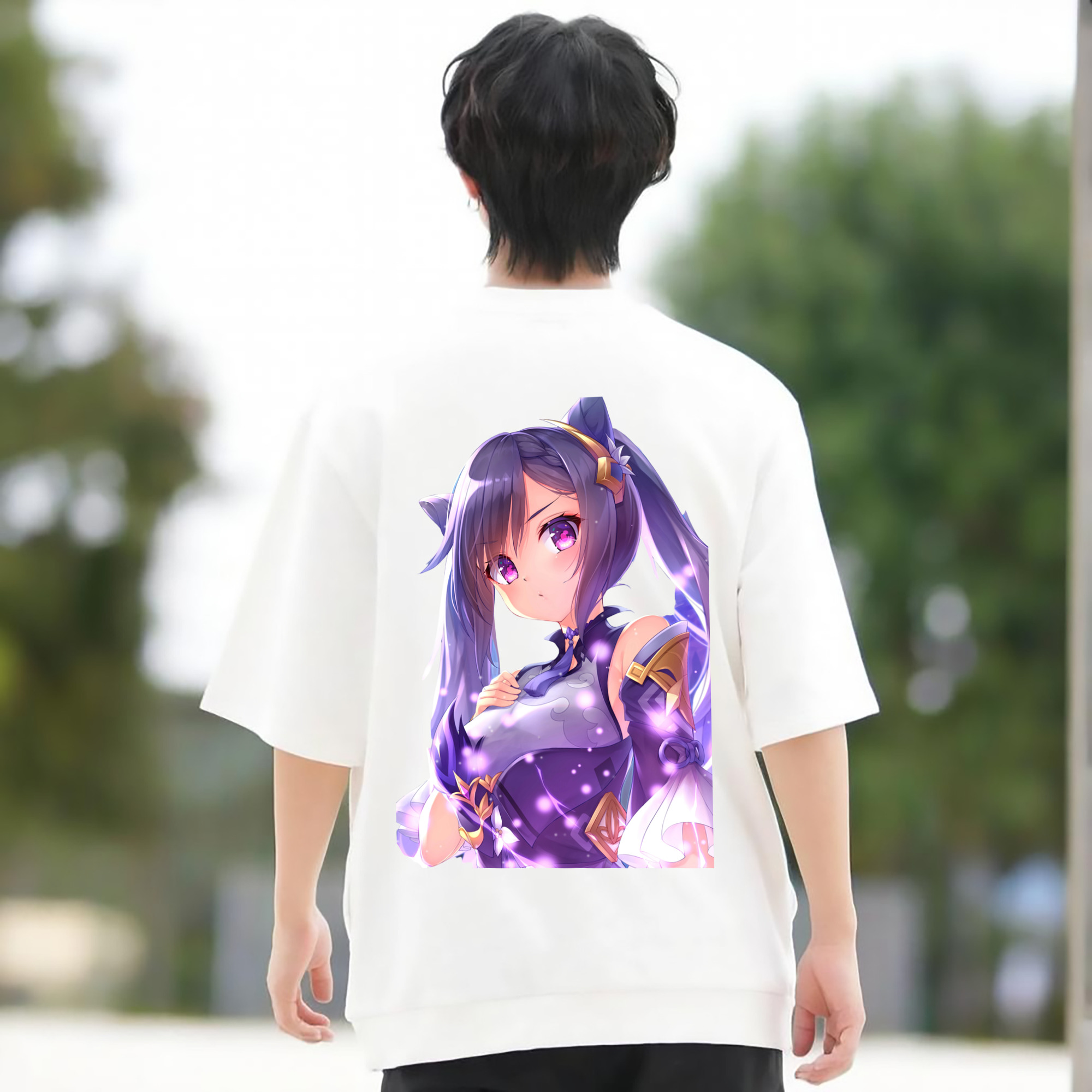げんし神 刻晴 こくせい genshin Kokusei 綿100％ メンズ半袖Tシャツ（バックプリント） 通気性