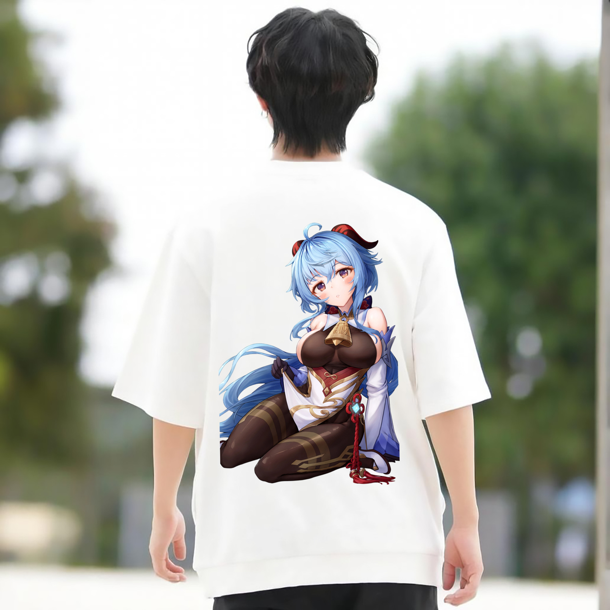 げんし神 甘雨 かんう genshin Ganyu 綿100％ メンズ半袖Tシャツ（バックプリント） 通気性