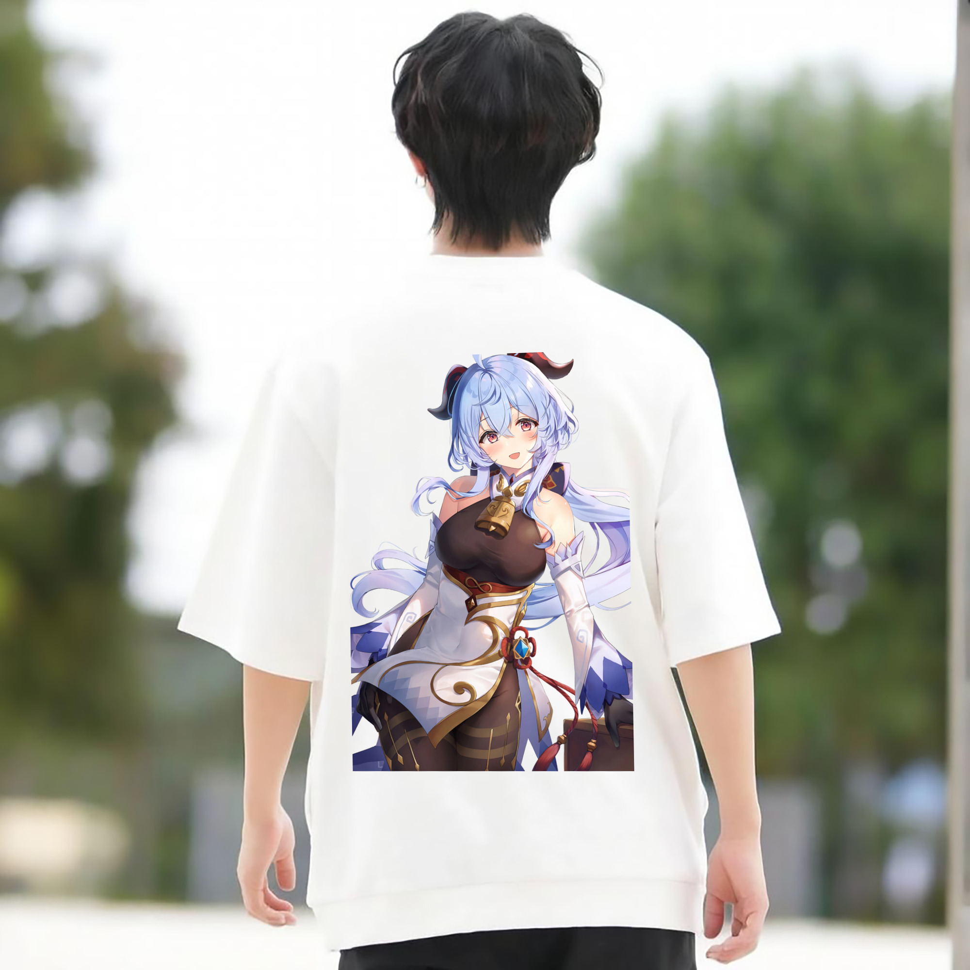 げんし神 甘雨 かんう genshin Ganyu 綿100％ メンズ半袖Tシャツ（バックプリント） 通気性