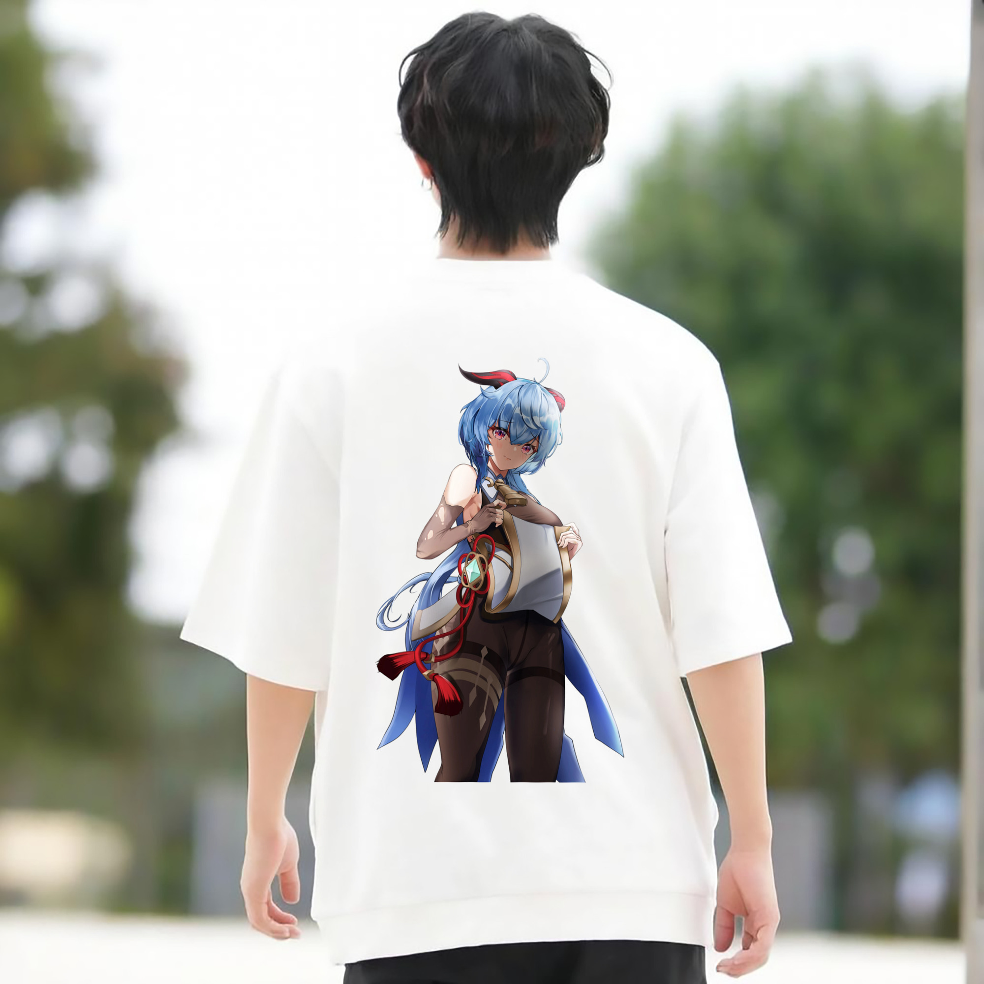 げんし神 甘雨 かんう genshin Ganyu 綿100％ メンズ半袖Tシャツ（バックプリント） 通気性