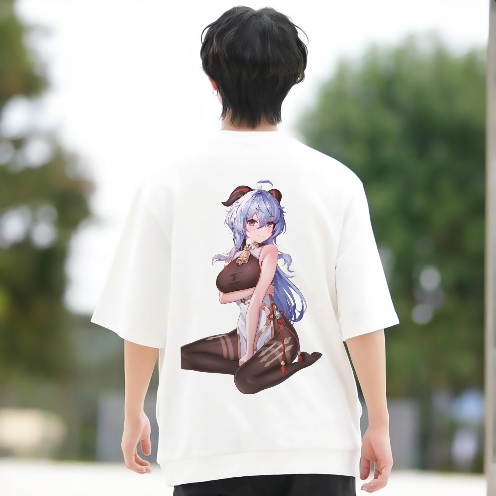 げんし神 甘雨 かんう genshin Ganyu 綿100％ メンズ半袖Tシャツ（バックプリント） 通気性