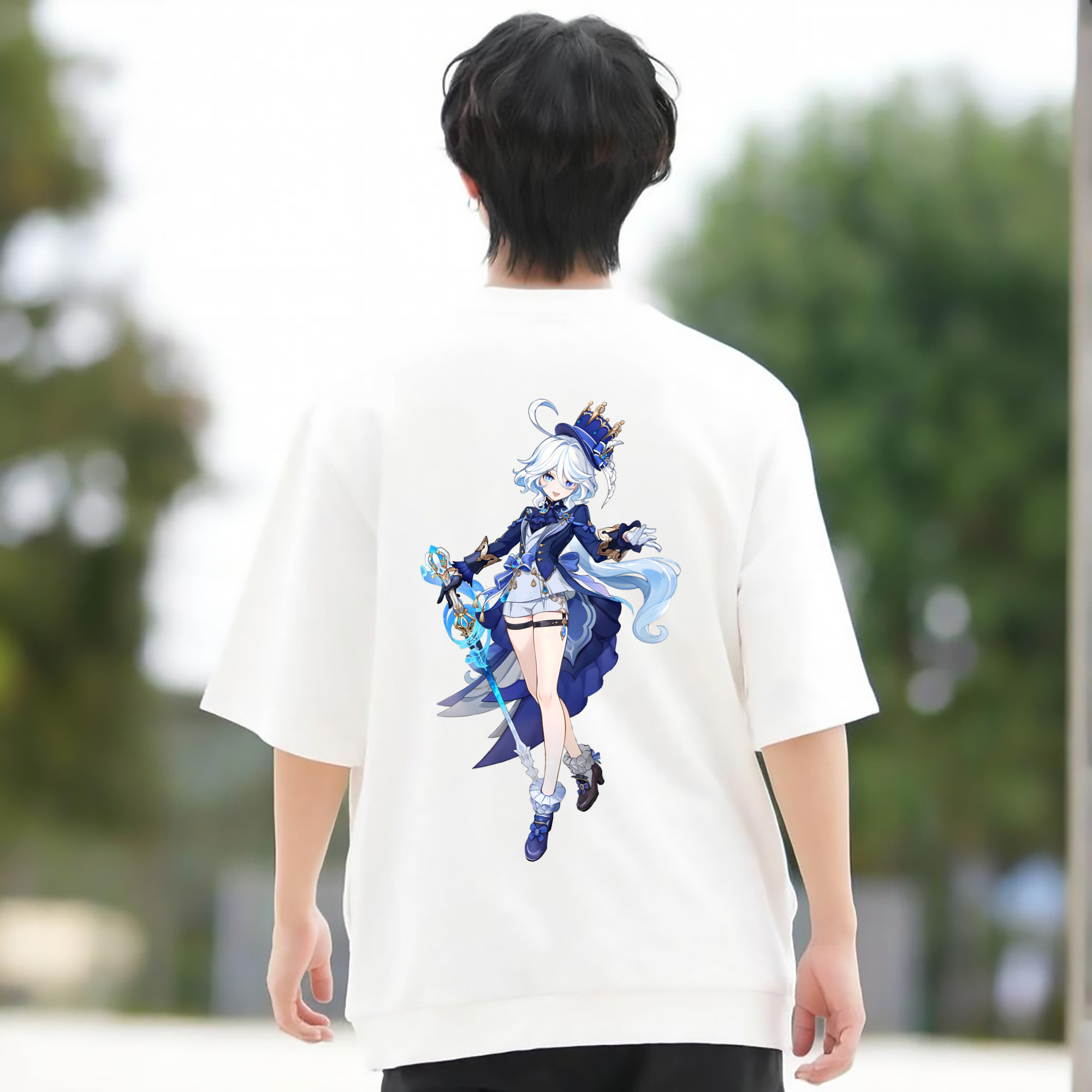 げんし神 フリーナ genshin Furina 綿100％ メンズ半袖Tシャツ（バックプリント） 通気性