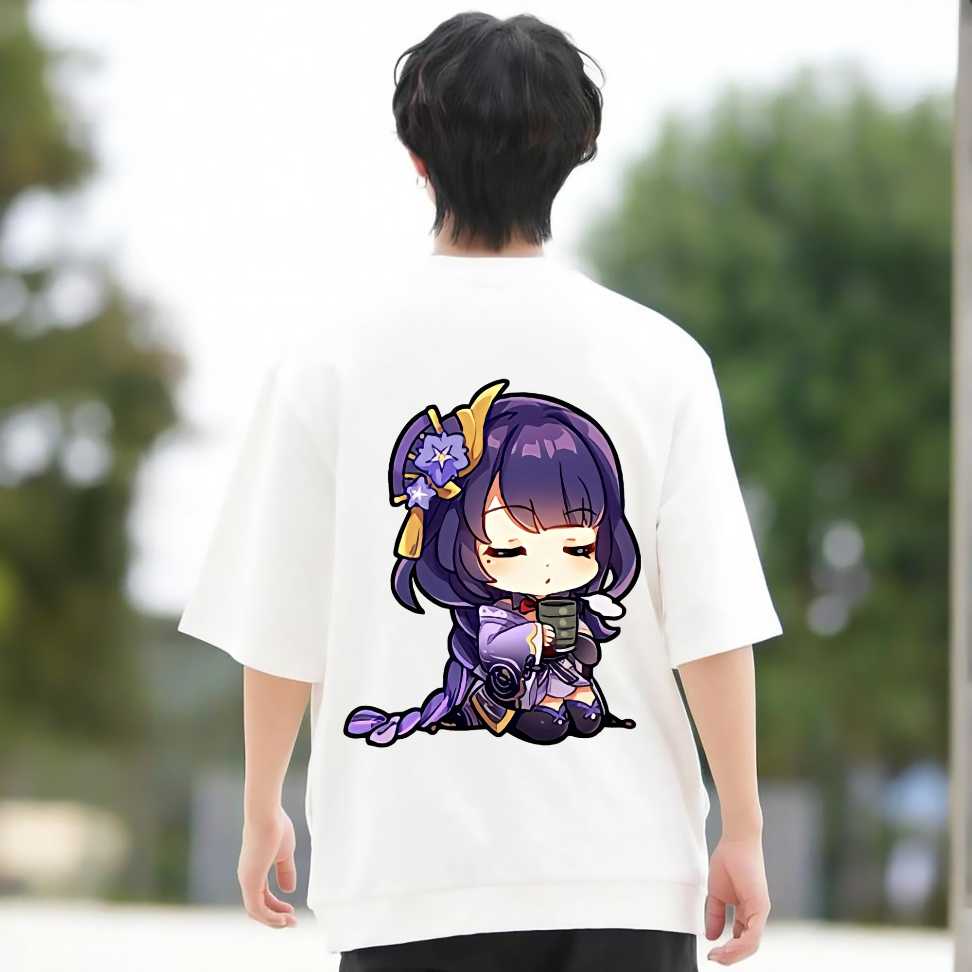 げんし神 雷電将軍 らいでんしょうぐん genshin Raiden Shogun 綿100％ メンズ半袖Tシャツ（バックプリント） 通気性