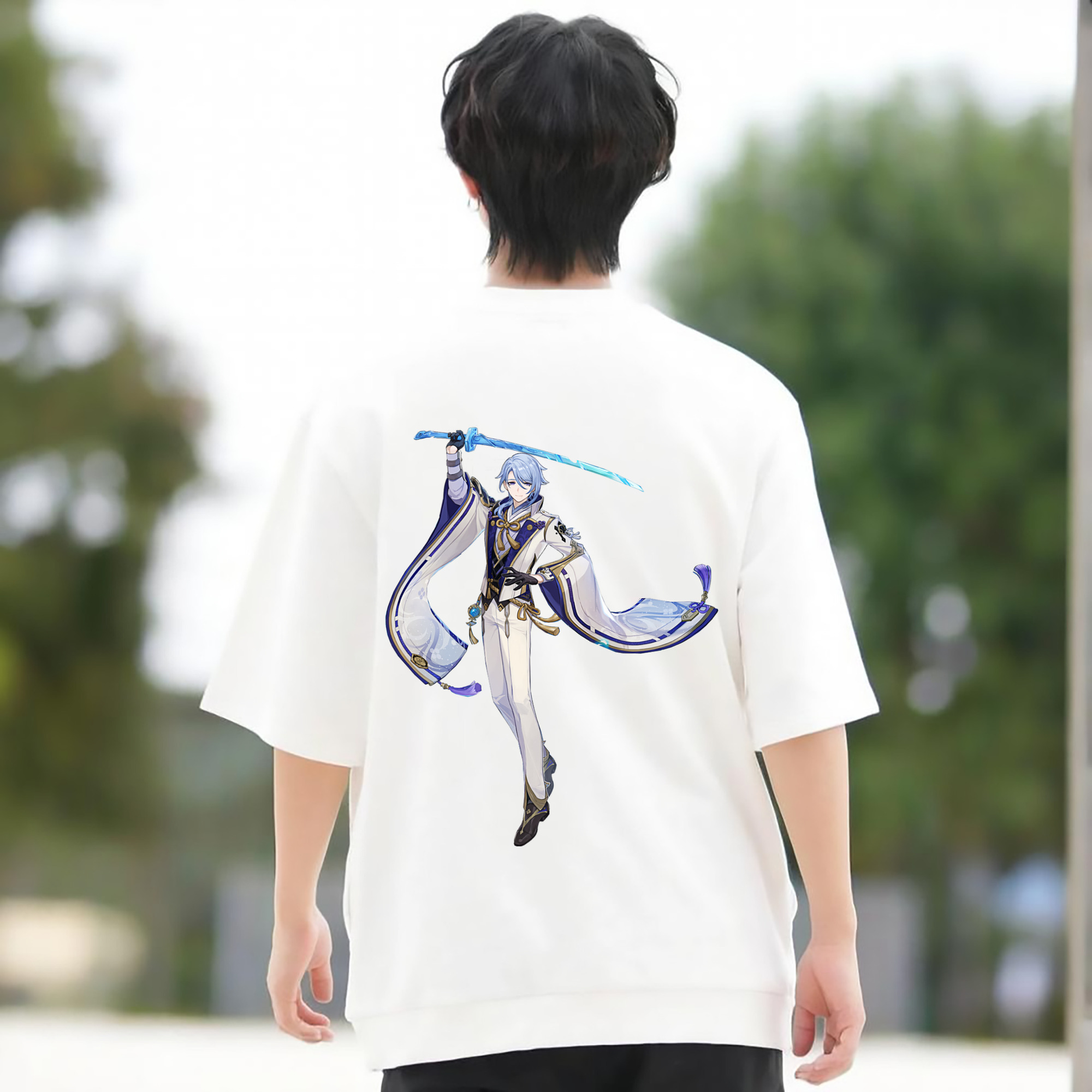 げんし神 神里綾人 かみさとあやと genshin Kamisato Ayato 綿100％ メンズ半袖Tシャツ（バックプリント） 通気性