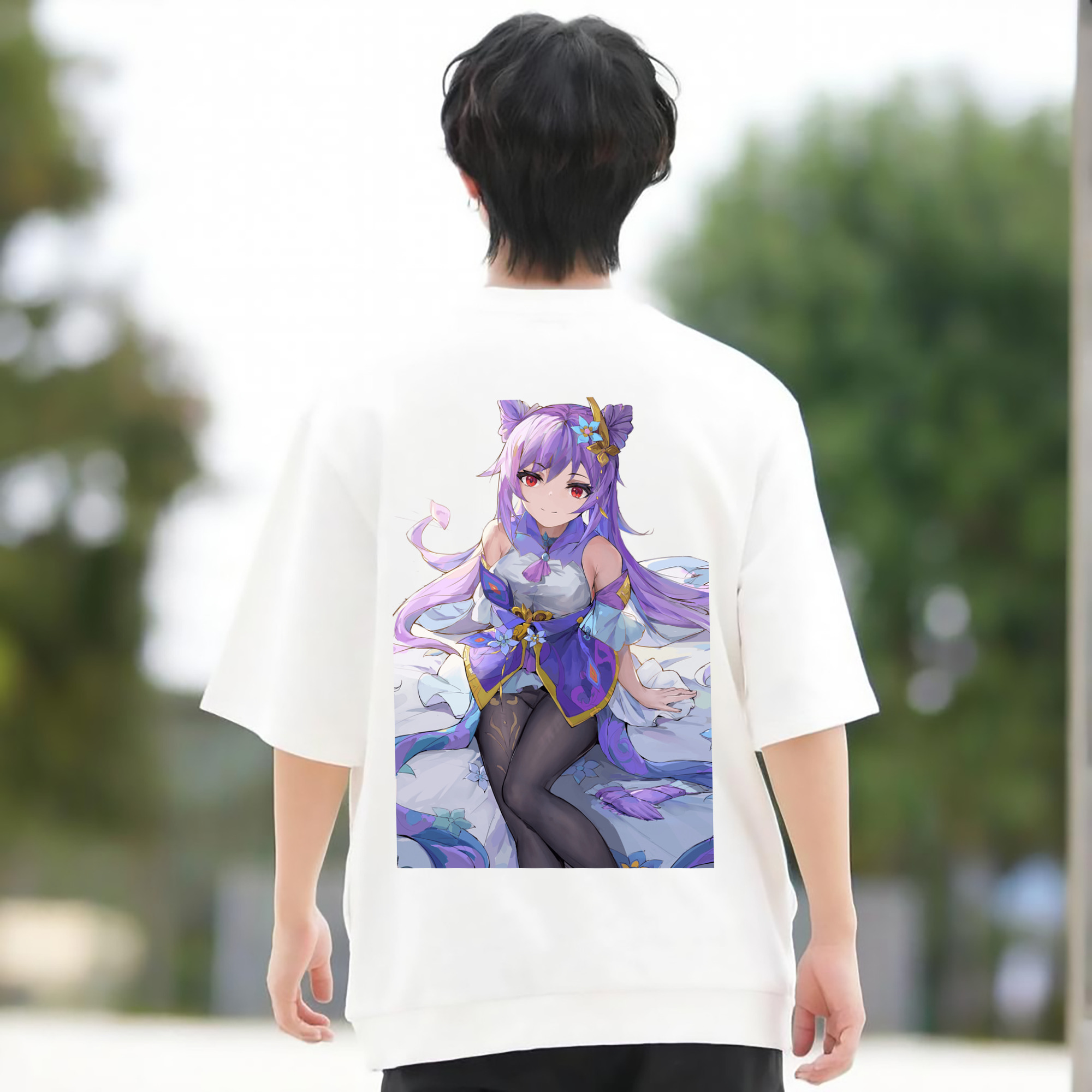 げんし神 刻晴 こくせい genshin Kokusei 綿100％ メンズ半袖Tシャツ（バックプリント） 通気性