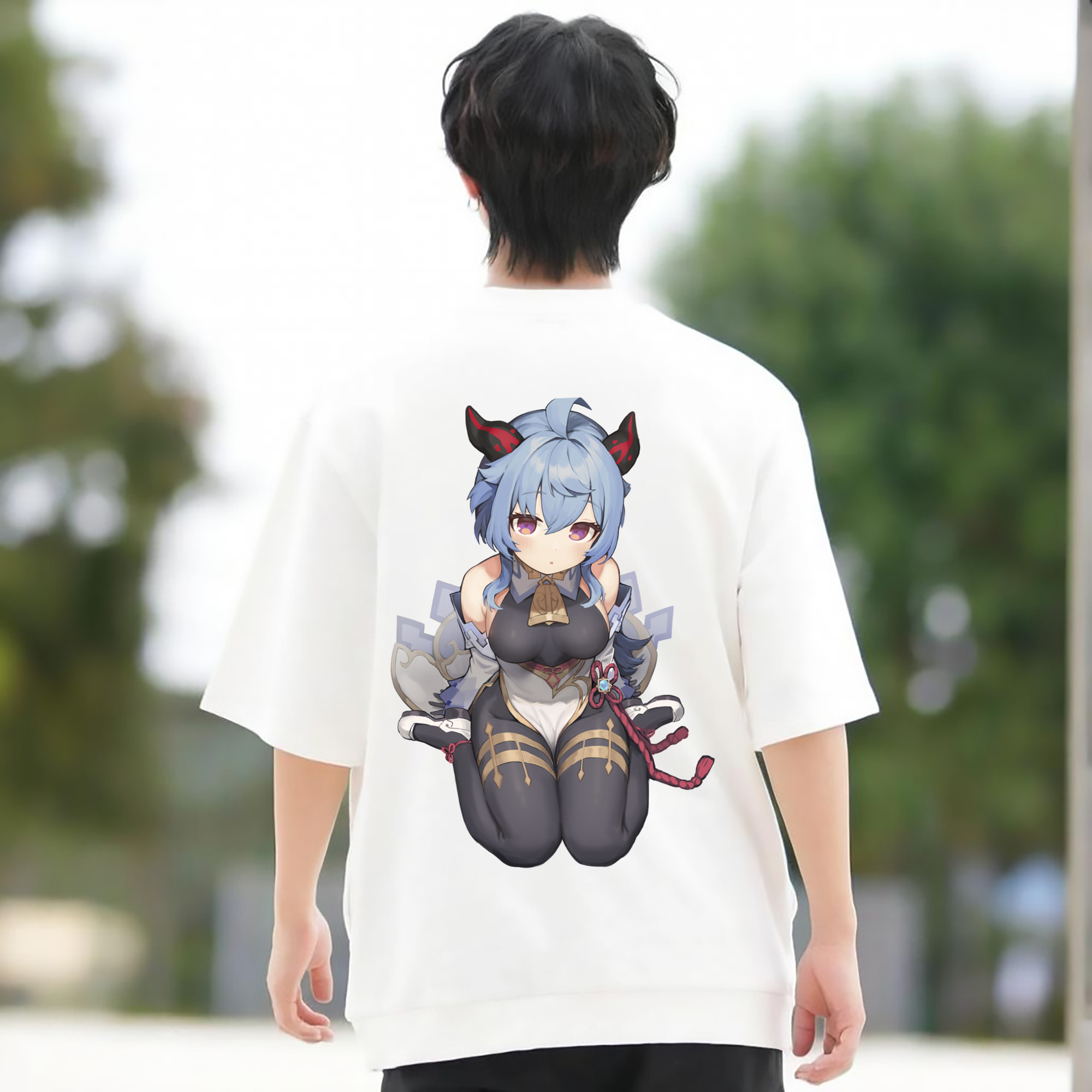 げんし神 甘雨 かんう genshin Ganyu 綿100％ メンズ半袖Tシャツ（バックプリント） 通気性