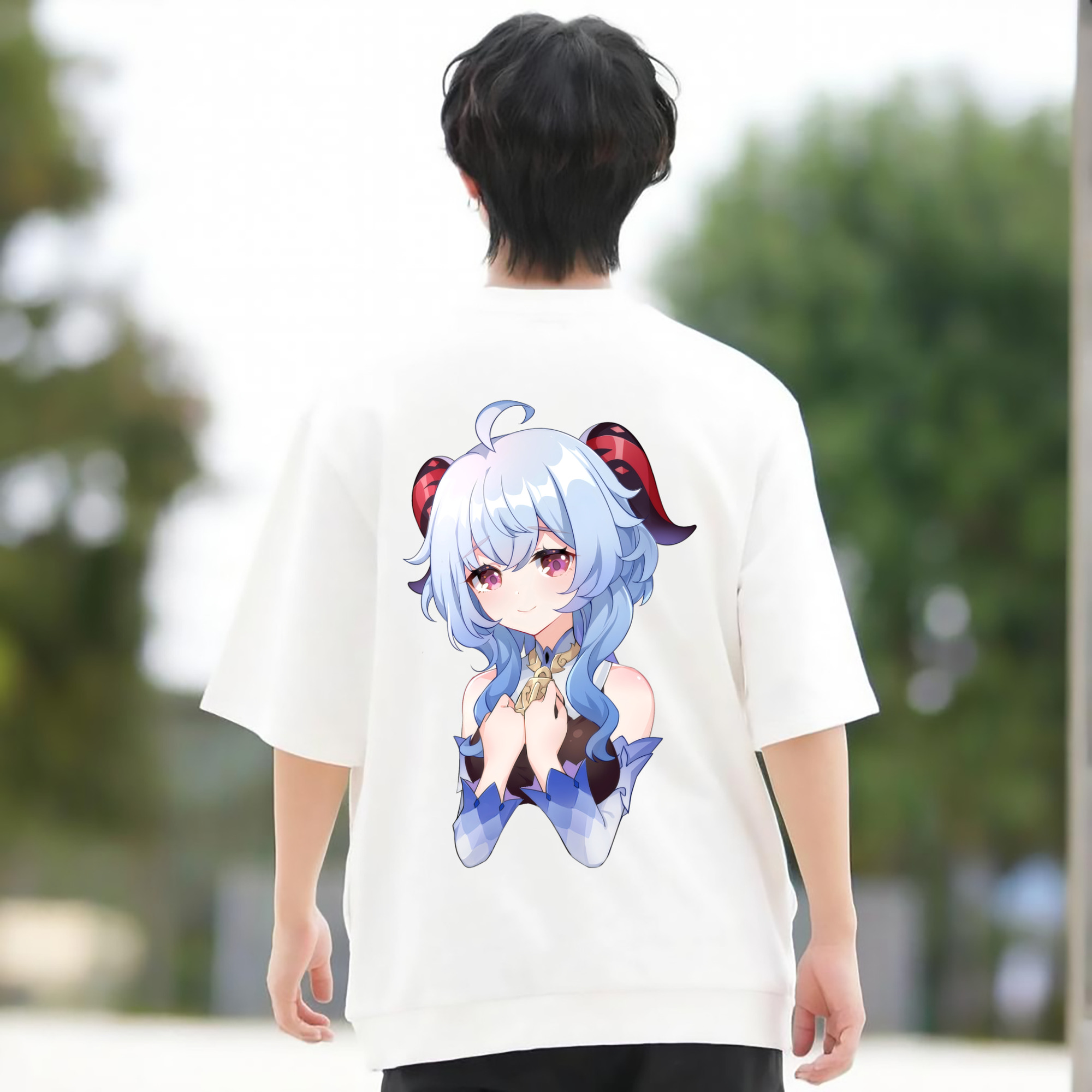 げんし神 甘雨 かんう genshin Ganyu 綿100％ メンズ半袖Tシャツ（バックプリント） 通気性