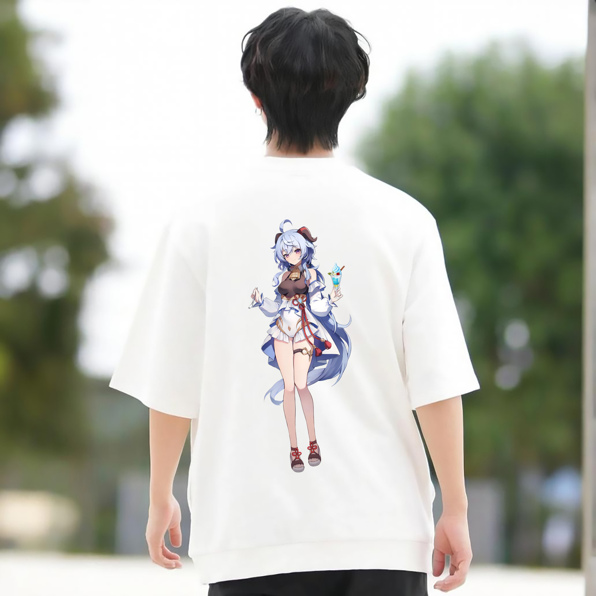 げんし神 甘雨 かんう genshin Ganyu 綿100％ メンズ半袖Tシャツ（バックプリント） 通気性