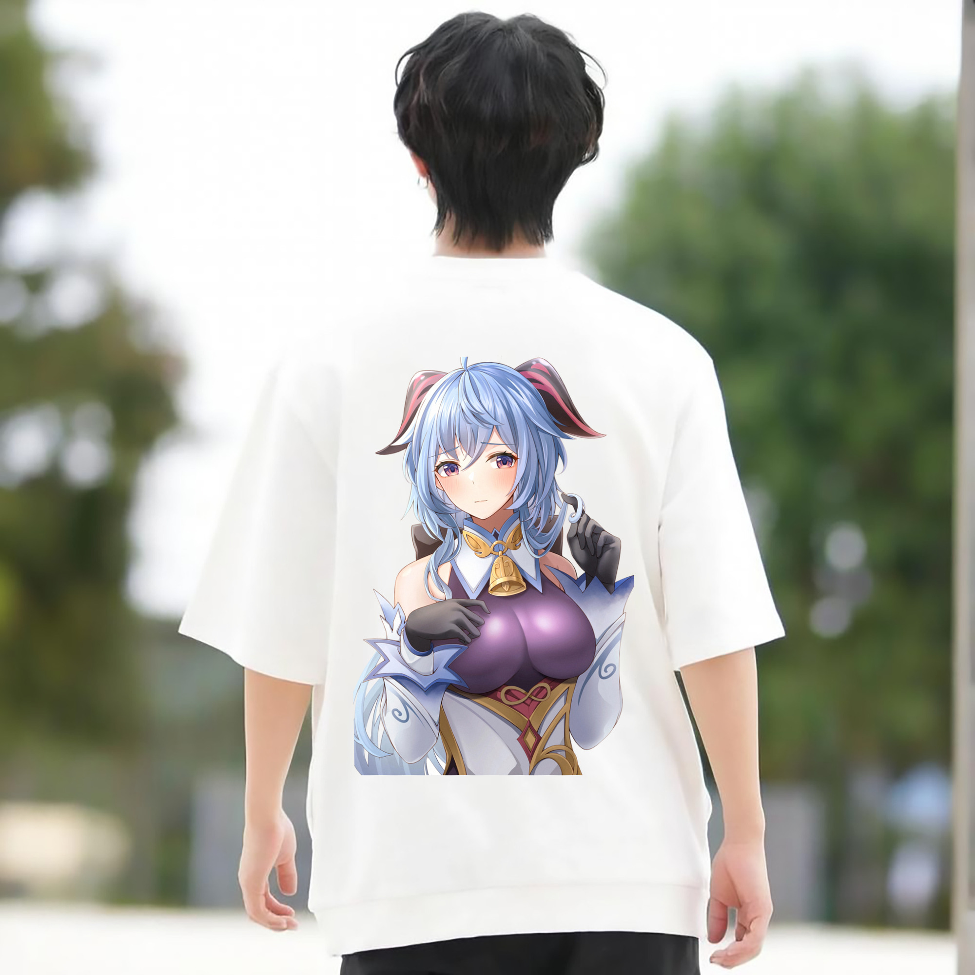 げんし神 甘雨 かんう genshin Ganyu 綿100％ メンズ半袖Tシャツ（バックプリント） 通気性