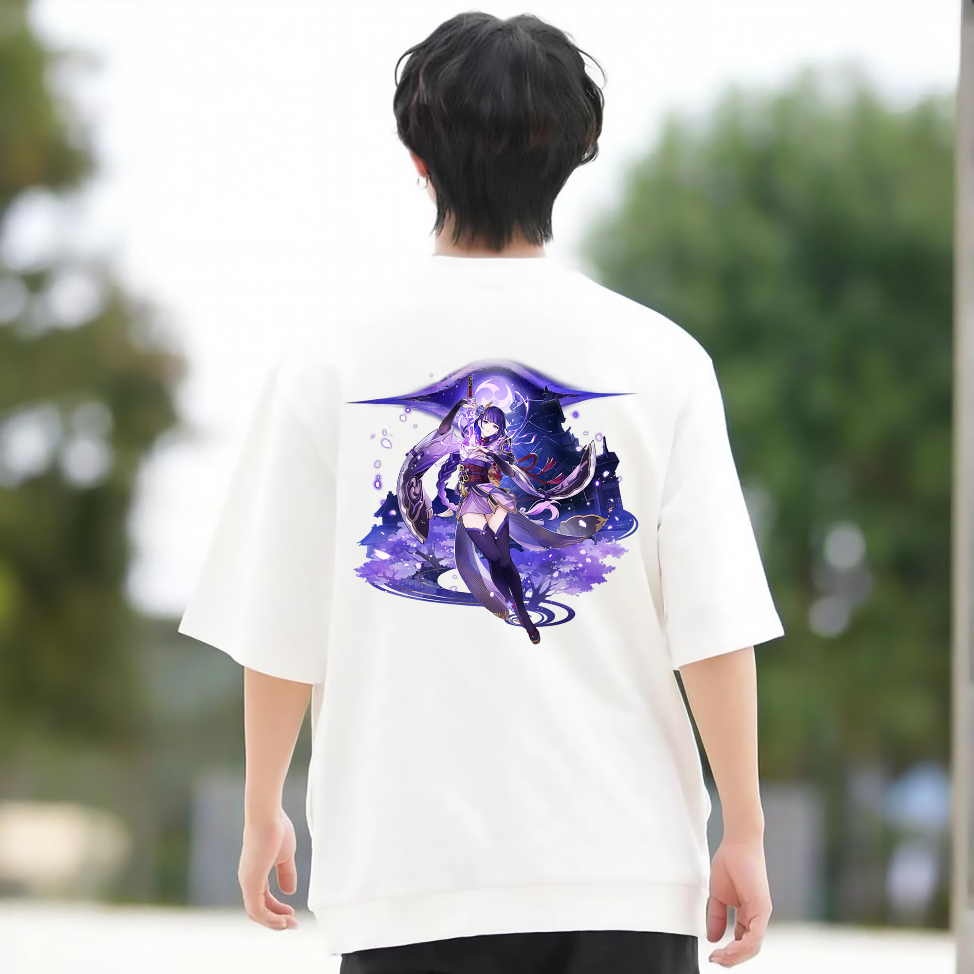 げんし神 雷電将軍 らいでんしょうぐん genshin Raiden Shogun 綿100％ メンズ半袖Tシャツ（バックプリント） 通気性