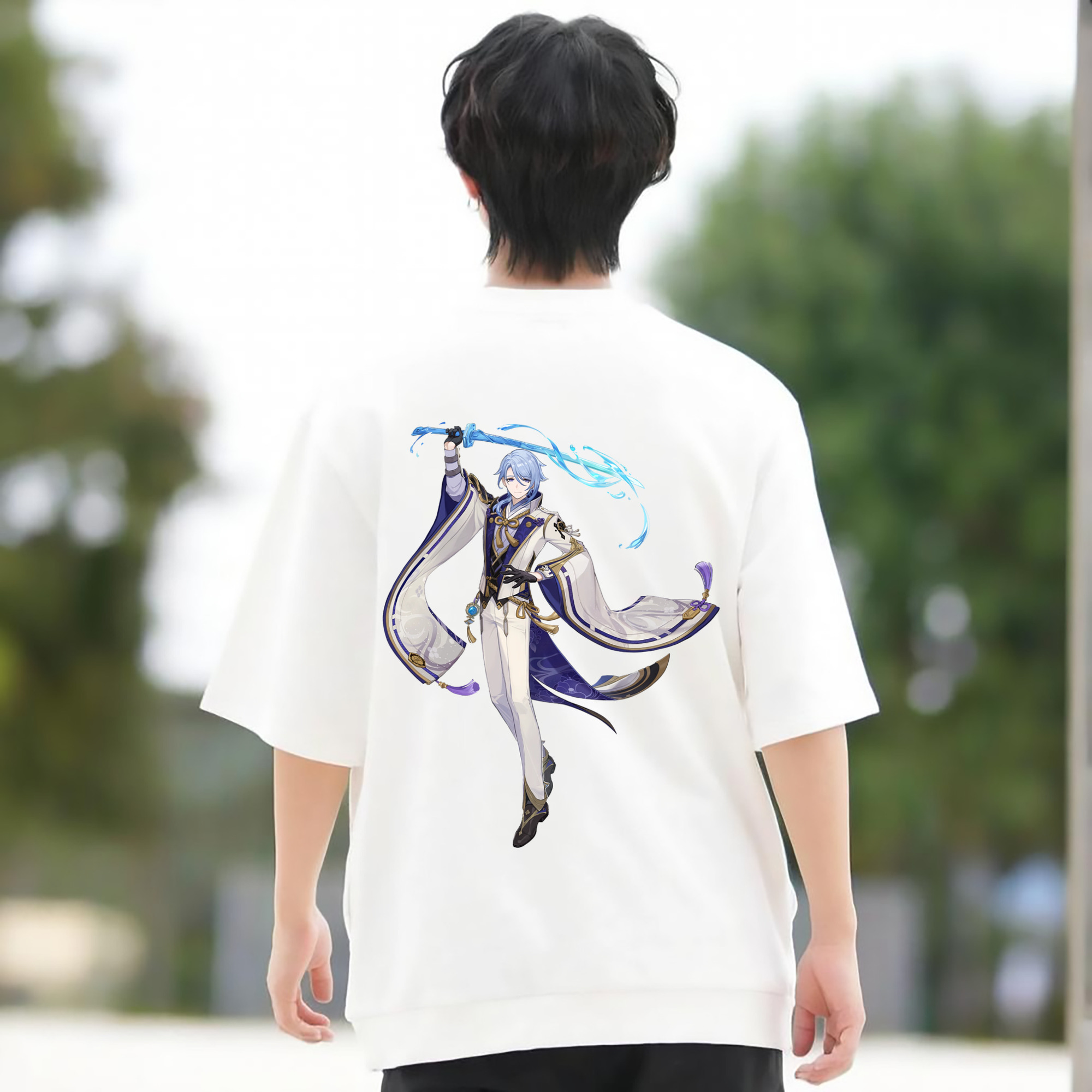 げんし神 神里綾人 かみさとあやと genshin Kamisato Ayato 綿100％ メンズ半袖Tシャツ（バックプリント） 通気性