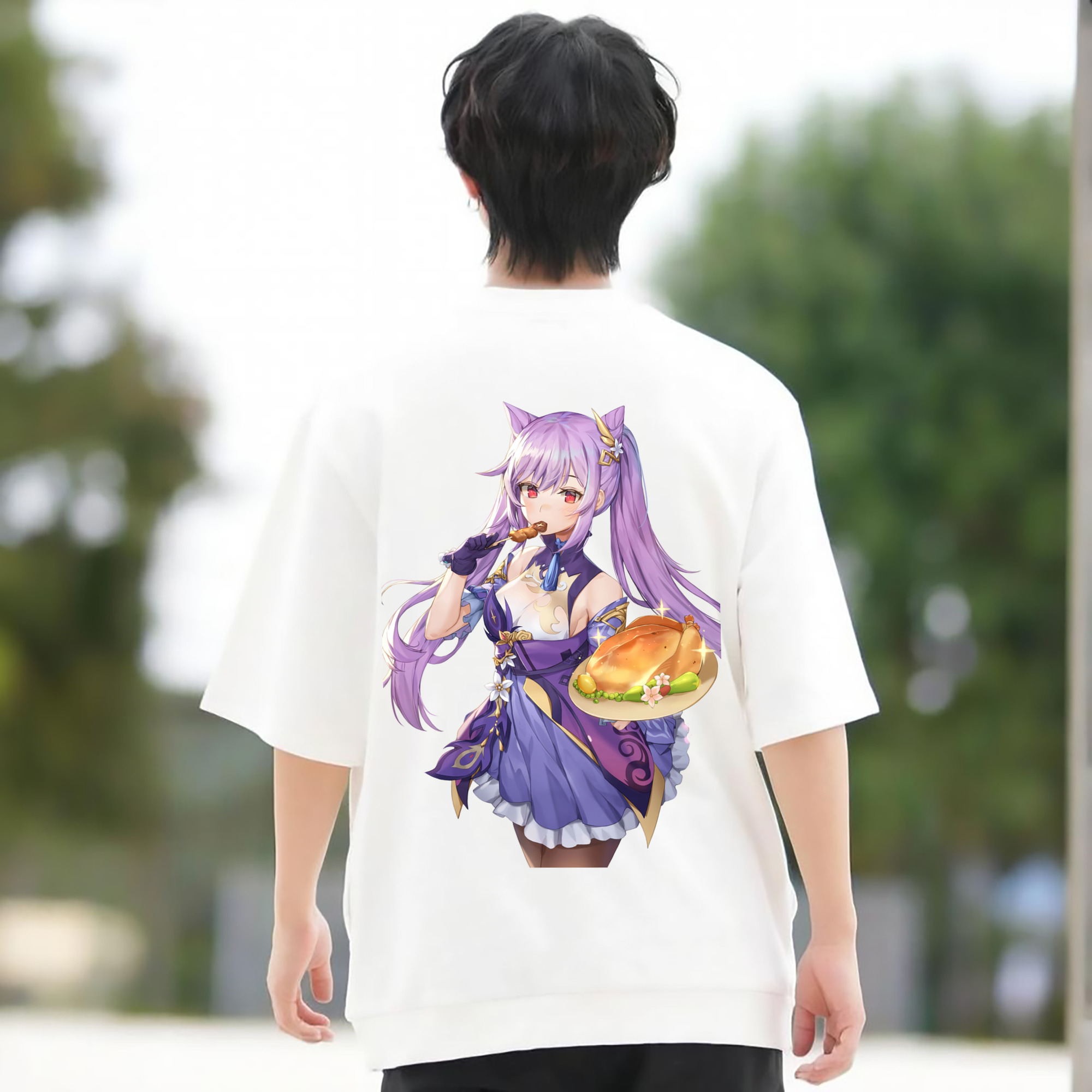 げんし神 刻晴 こくせい genshin Kokusei 綿100％ メンズ半袖Tシャツ（バックプリント） 通気性