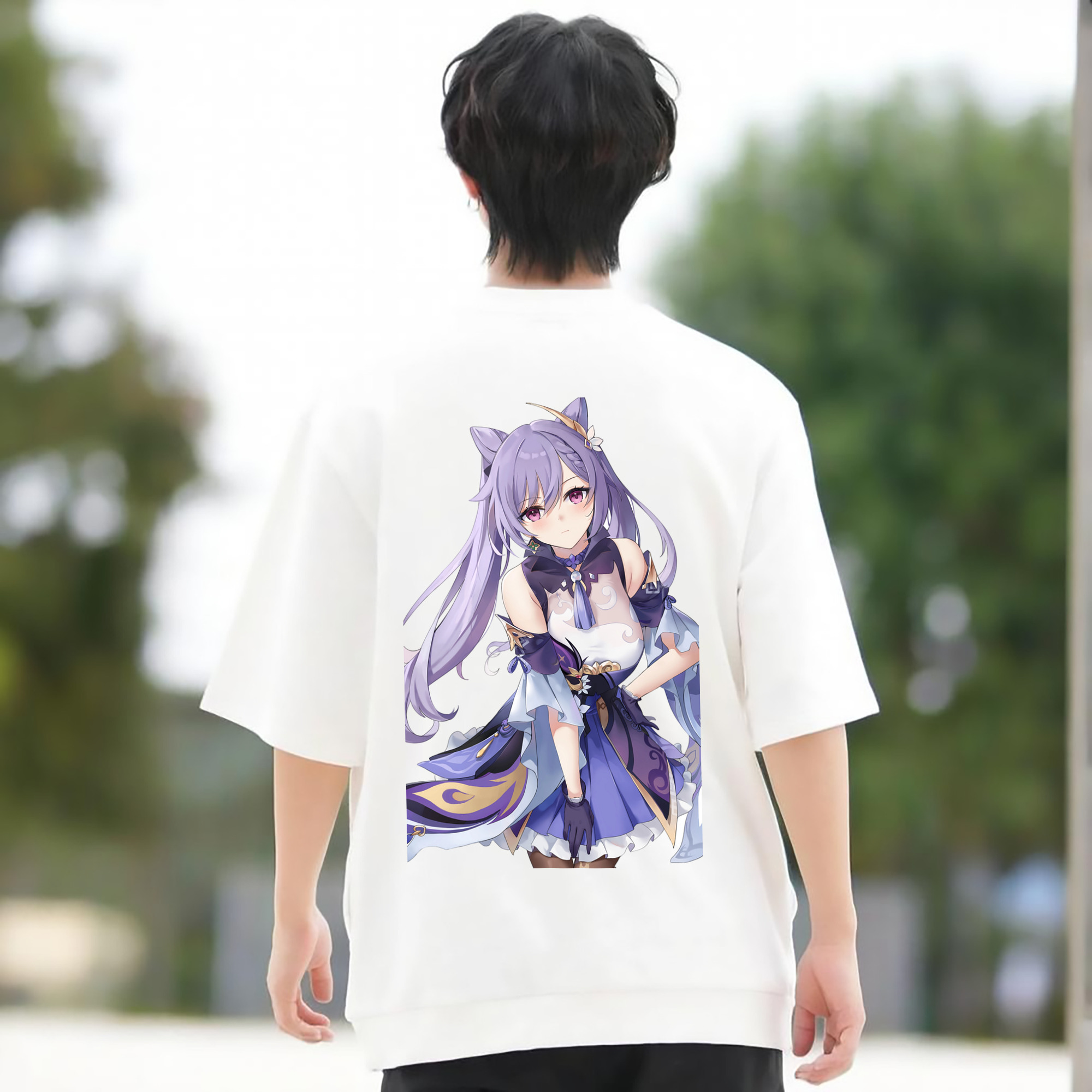 げんし神 刻晴 こくせい genshin Kokusei 綿100％ メンズ半袖Tシャツ（バックプリント） 通気性