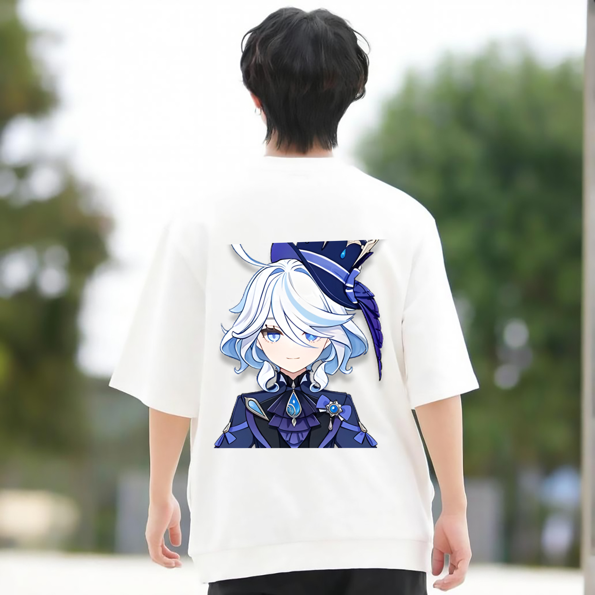 げんし神 フリーナ genshin Furina 綿100％ メンズ半袖Tシャツ（バックプリント） 通気性