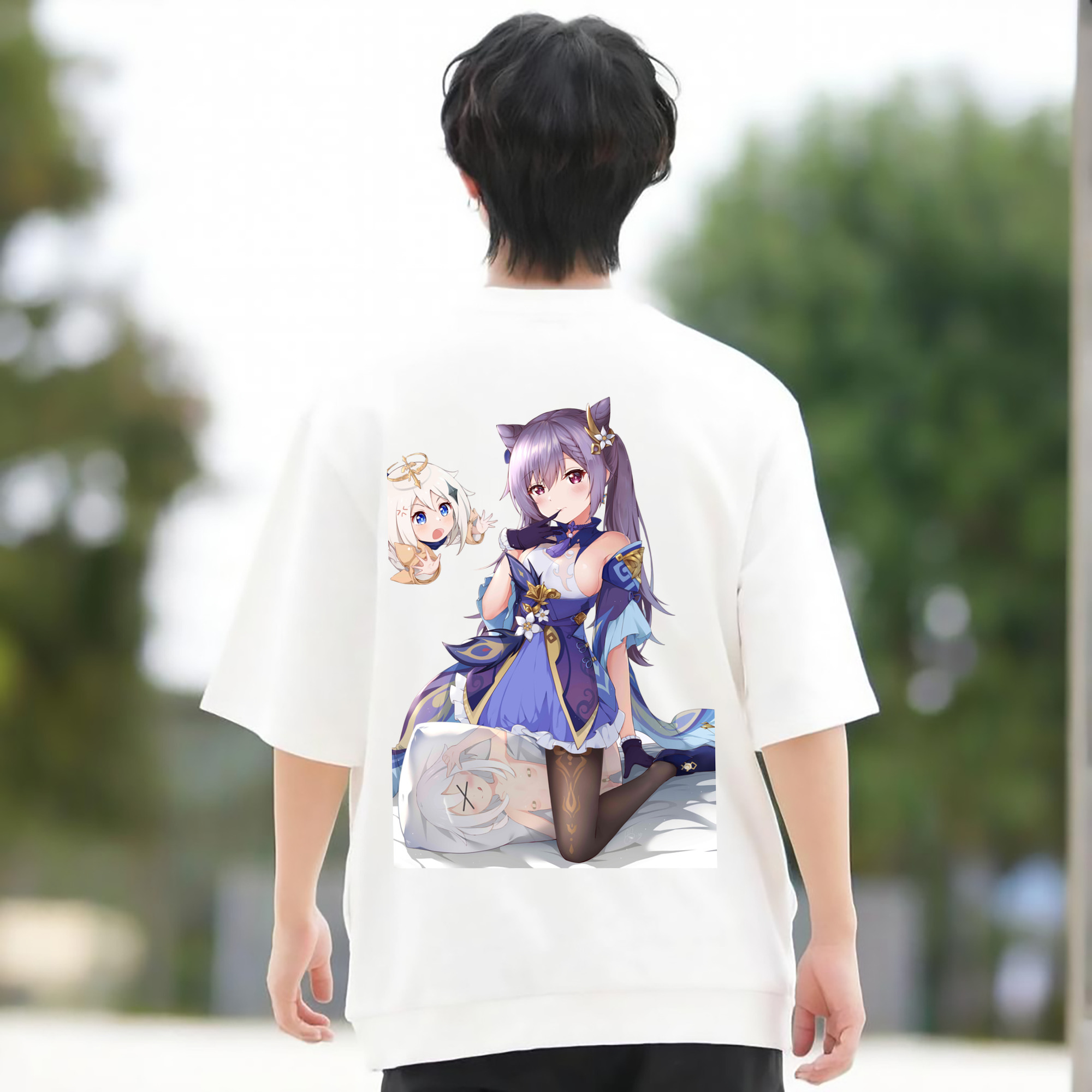 げんし神 刻晴 こくせい genshin Kokusei 綿100％ メンズ半袖Tシャツ（バックプリント） 通気性