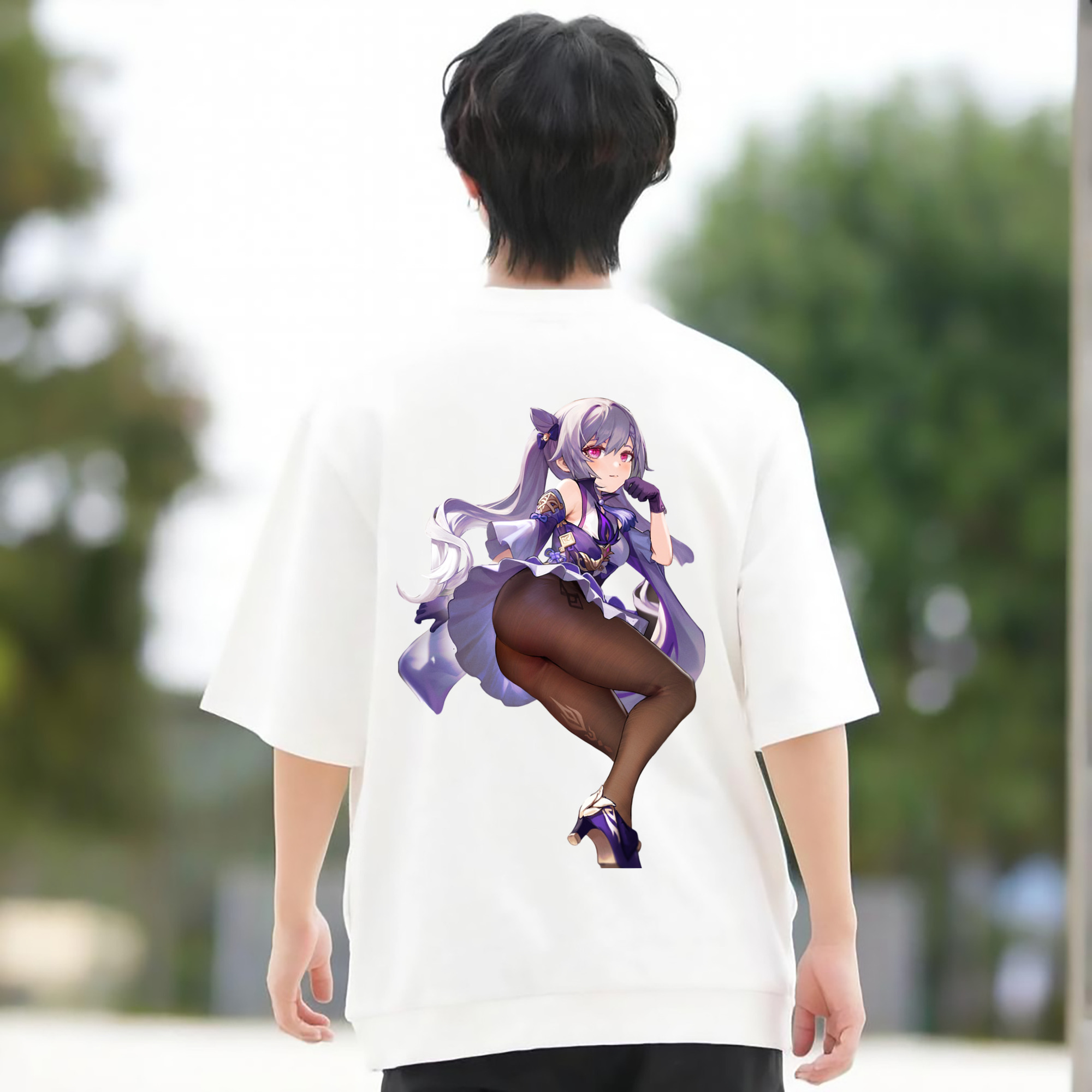 げんし神 刻晴 こくせい genshin Kokusei 綿100％ メンズ半袖Tシャツ（バックプリント） 通気性