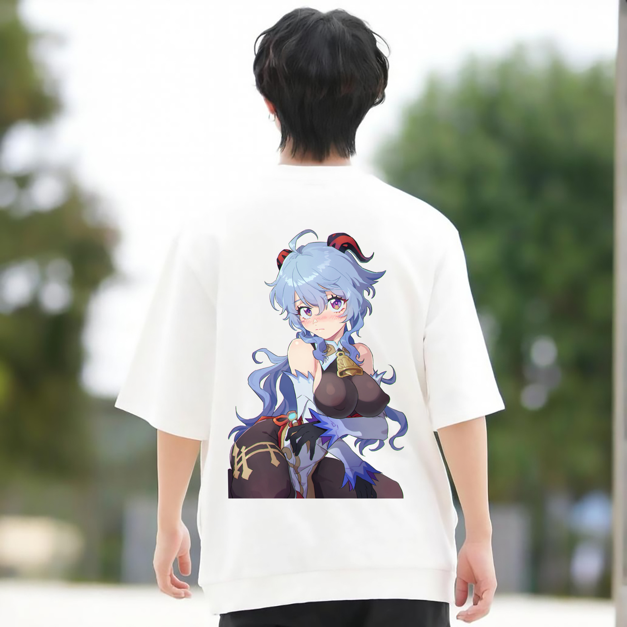 げんし神 甘雨 かんう genshin Ganyu 綿100％ メンズ半袖Tシャツ（バックプリント） 通気性