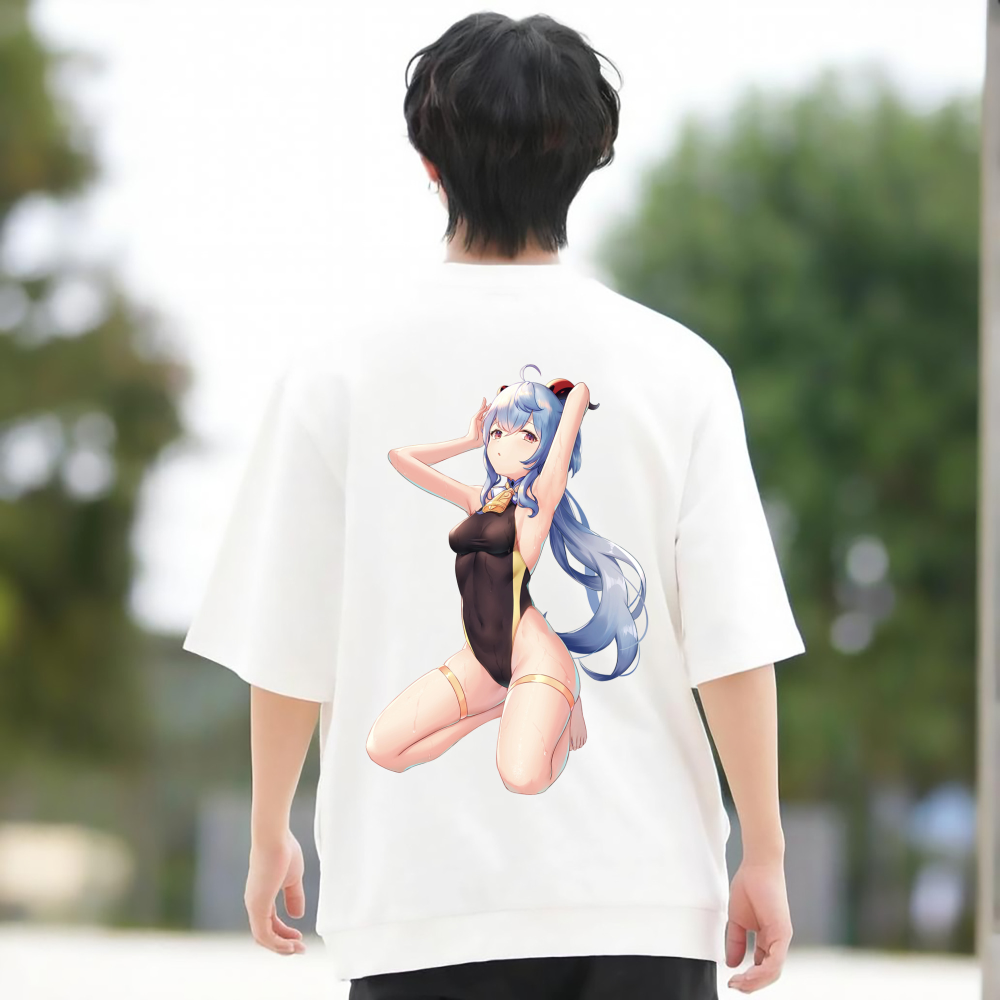 げんし神 甘雨 かんう genshin Ganyu 綿100％ メンズ半袖Tシャツ（バックプリント） 通気性