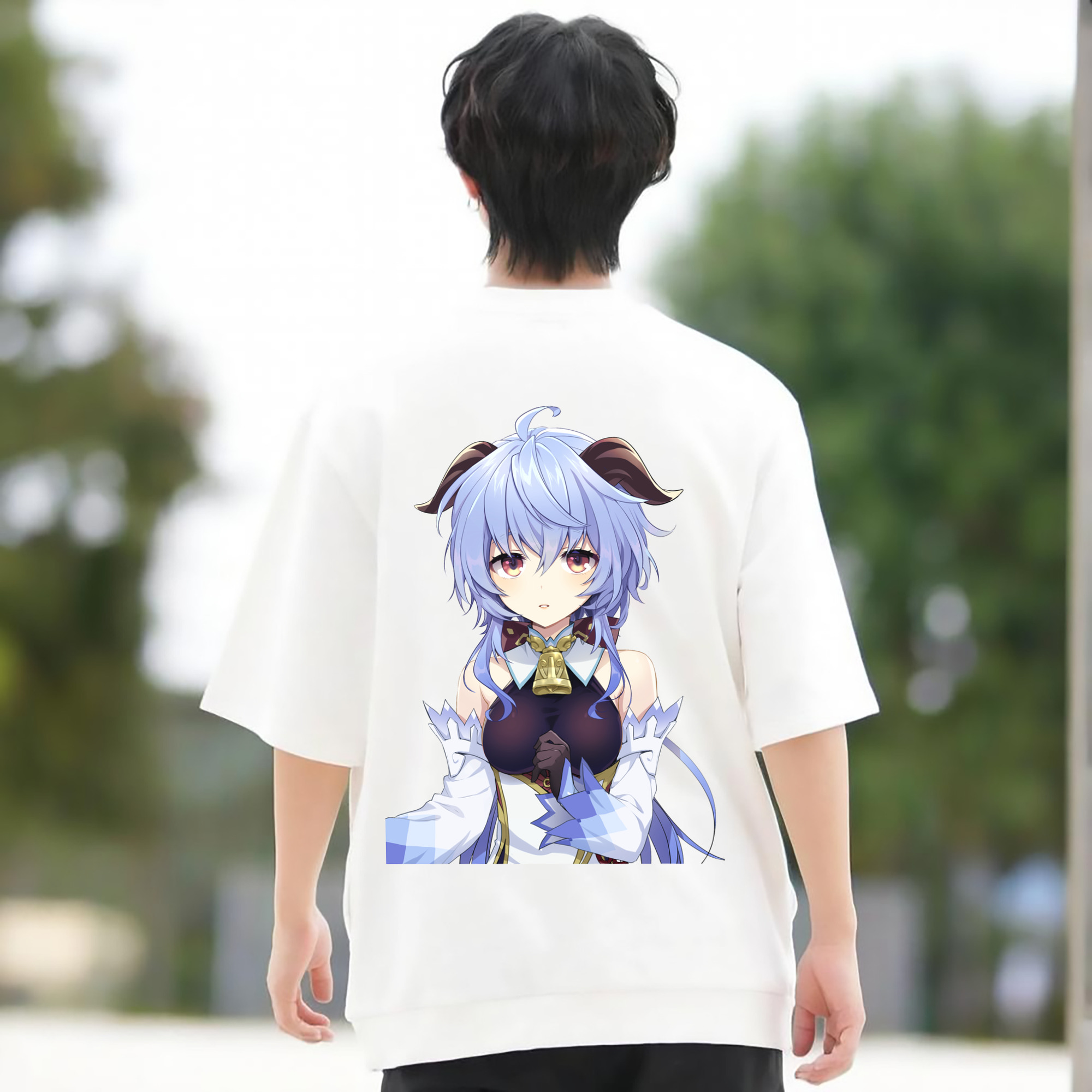 げんし神 甘雨 かんう genshin Ganyu 綿100％ メンズ半袖Tシャツ（バックプリント） 通気性