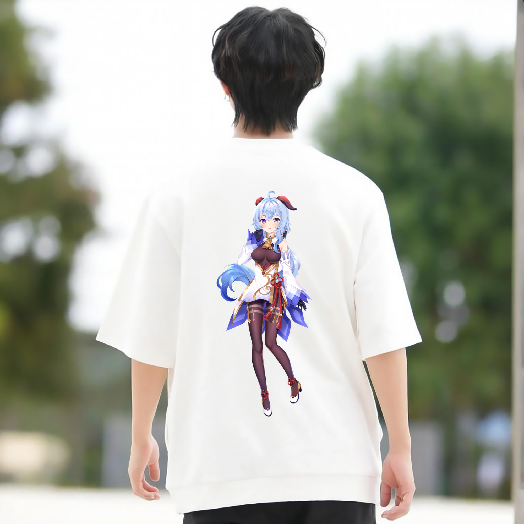 げんし神 甘雨 かんう genshin Ganyu 綿100％ メンズ半袖Tシャツ（バックプリント） 通気性