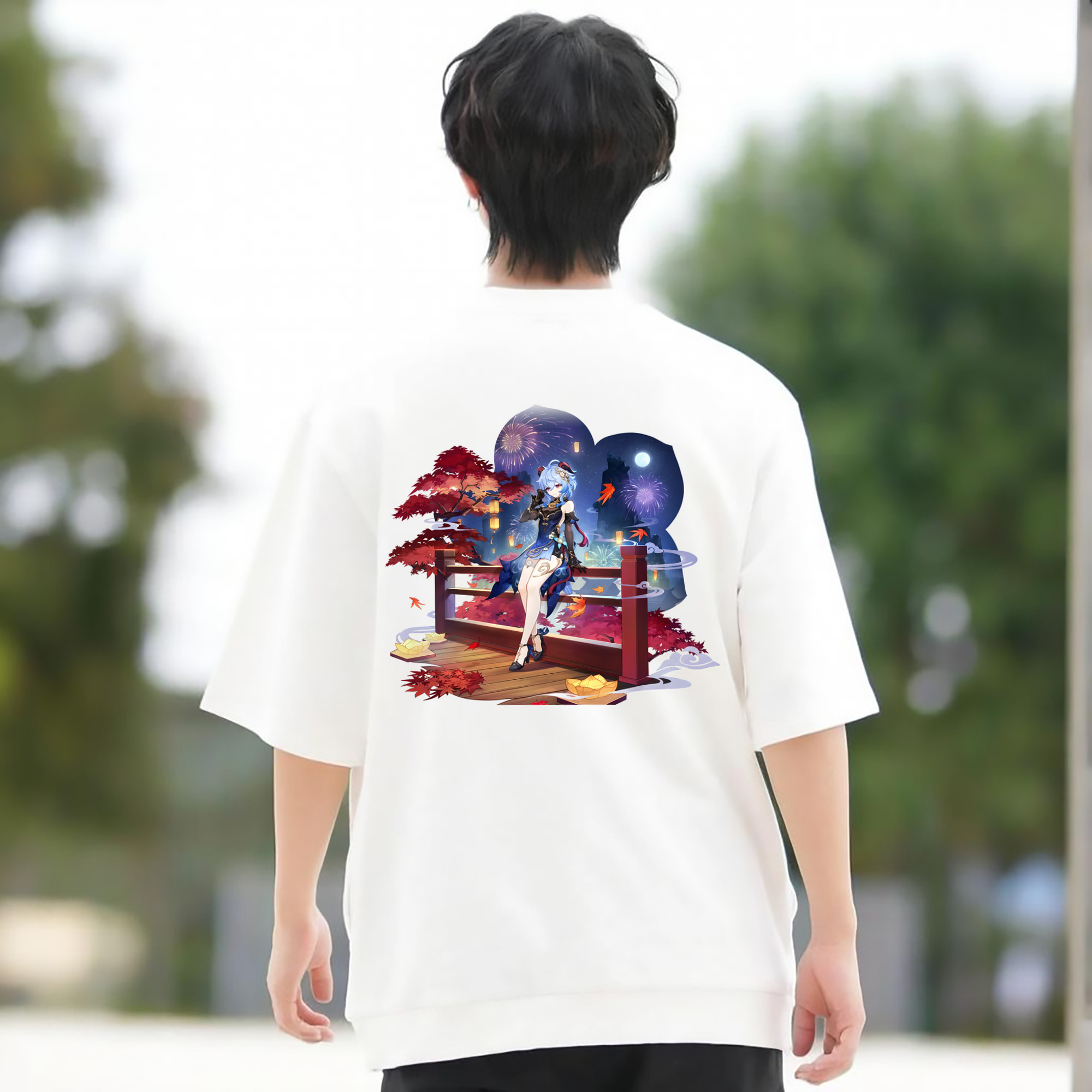 げんし神 甘雨 かんう genshin Ganyu 綿100％ メンズ半袖Tシャツ（バックプリント） 通気性