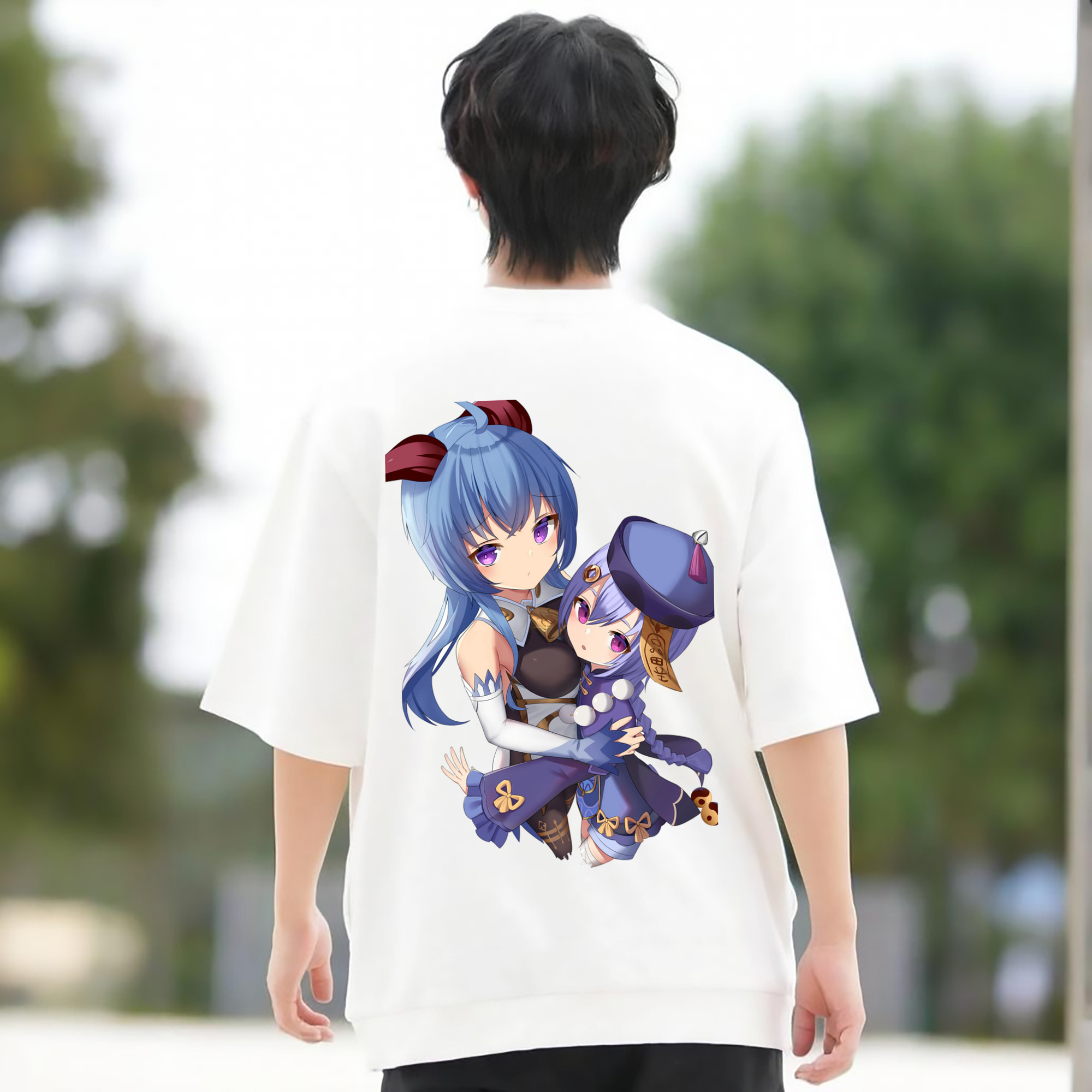 げんし神 甘雨 かんう genshin Ganyu 綿100％ メンズ半袖Tシャツ（バックプリント） 通気性