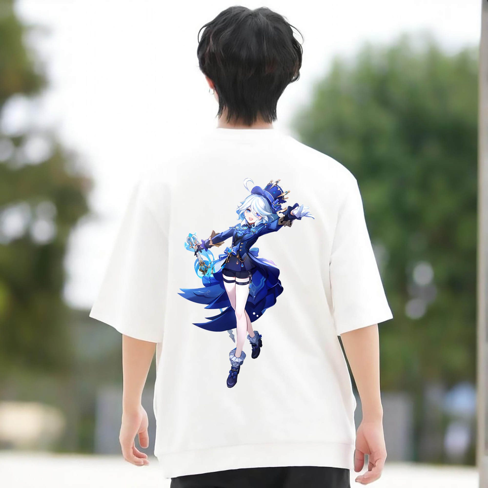 げんし神 フリーナ genshin Furina 綿100％ メンズ半袖Tシャツ（バックプリント） 通気性