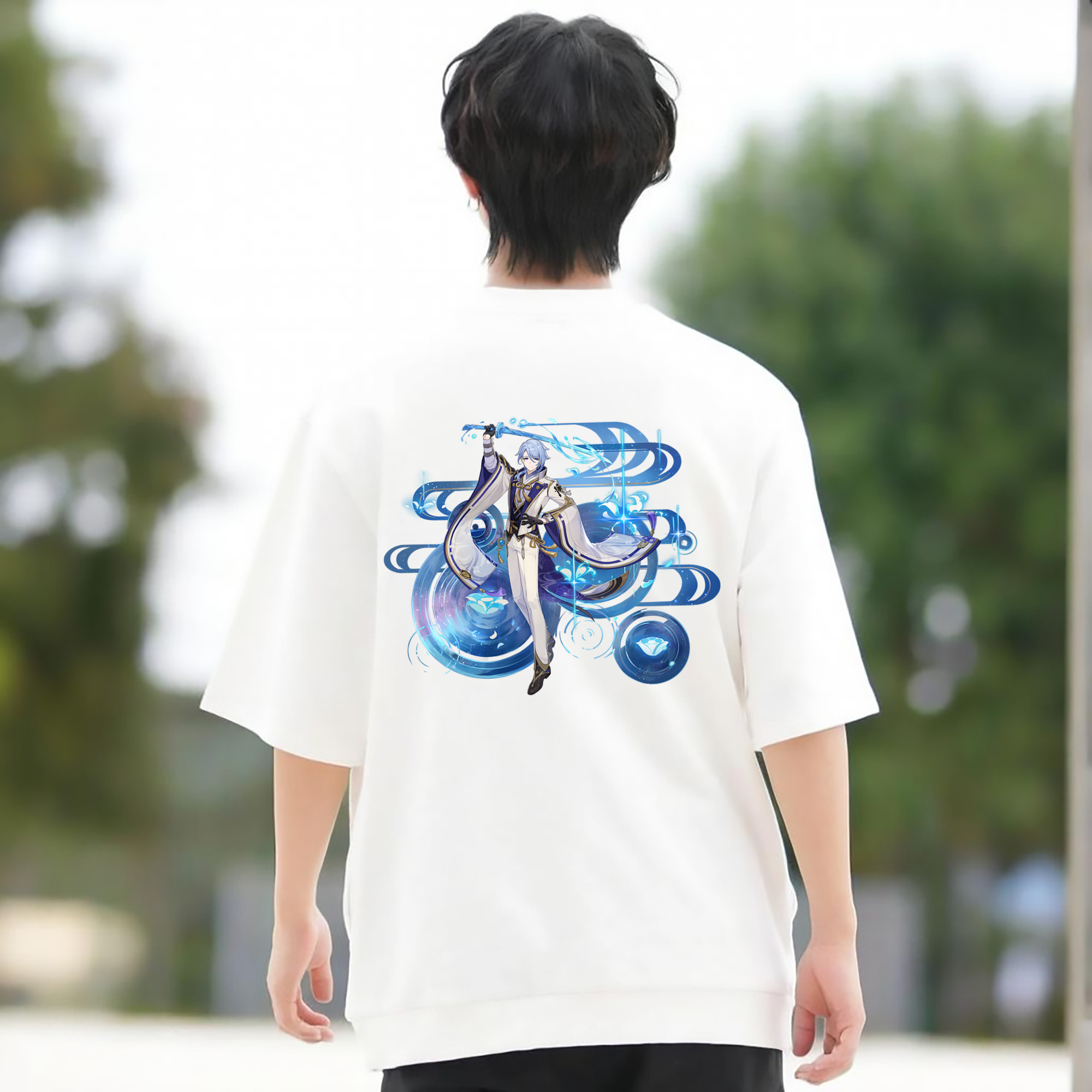 げんし神 神里綾人 かみさとあやと genshin Kamisato Ayato 綿100％ メンズ半袖Tシャツ（バックプリント） 通気性