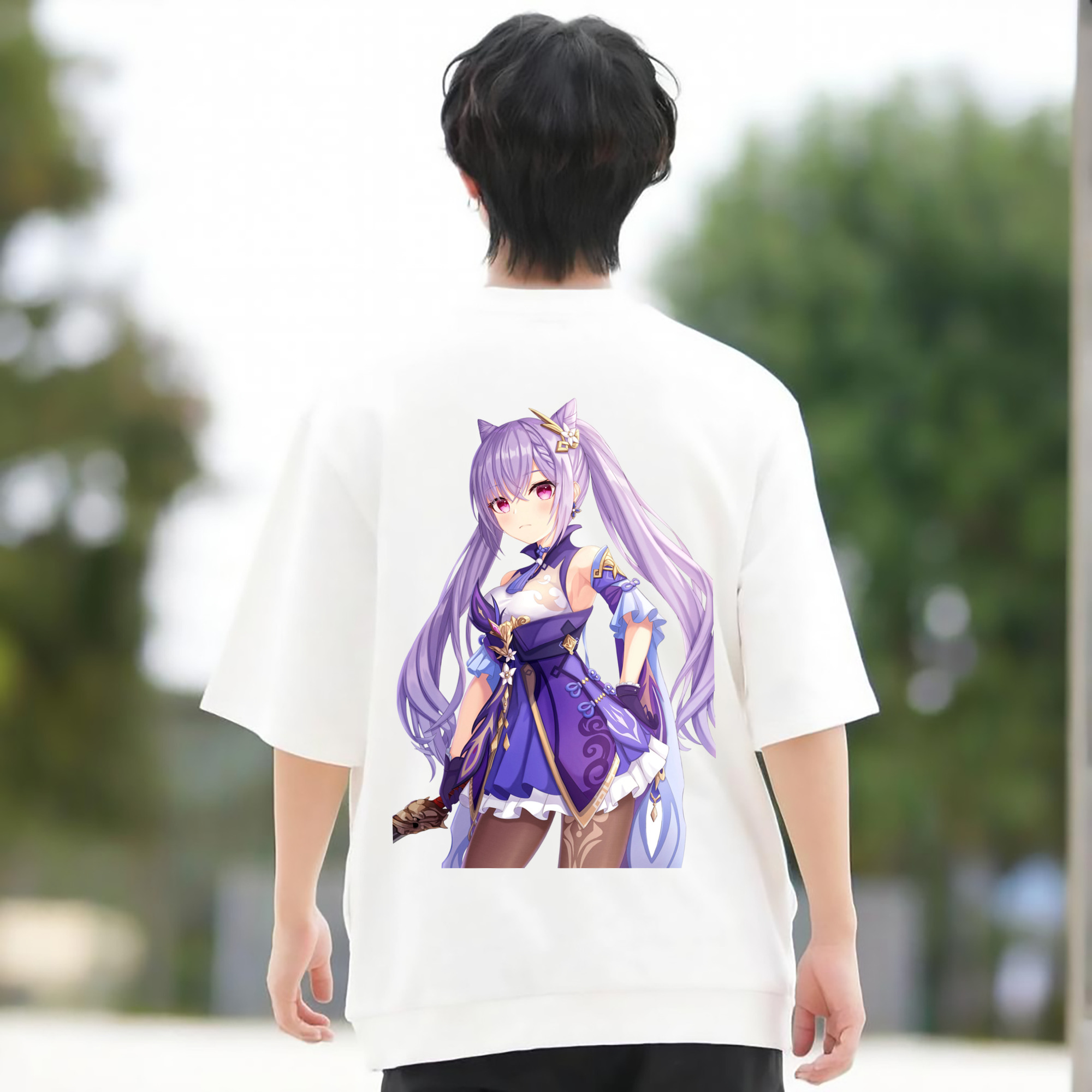 げんし神 刻晴 こくせい genshin Kokusei 綿100％ メンズ半袖Tシャツ（バックプリント） 通気性