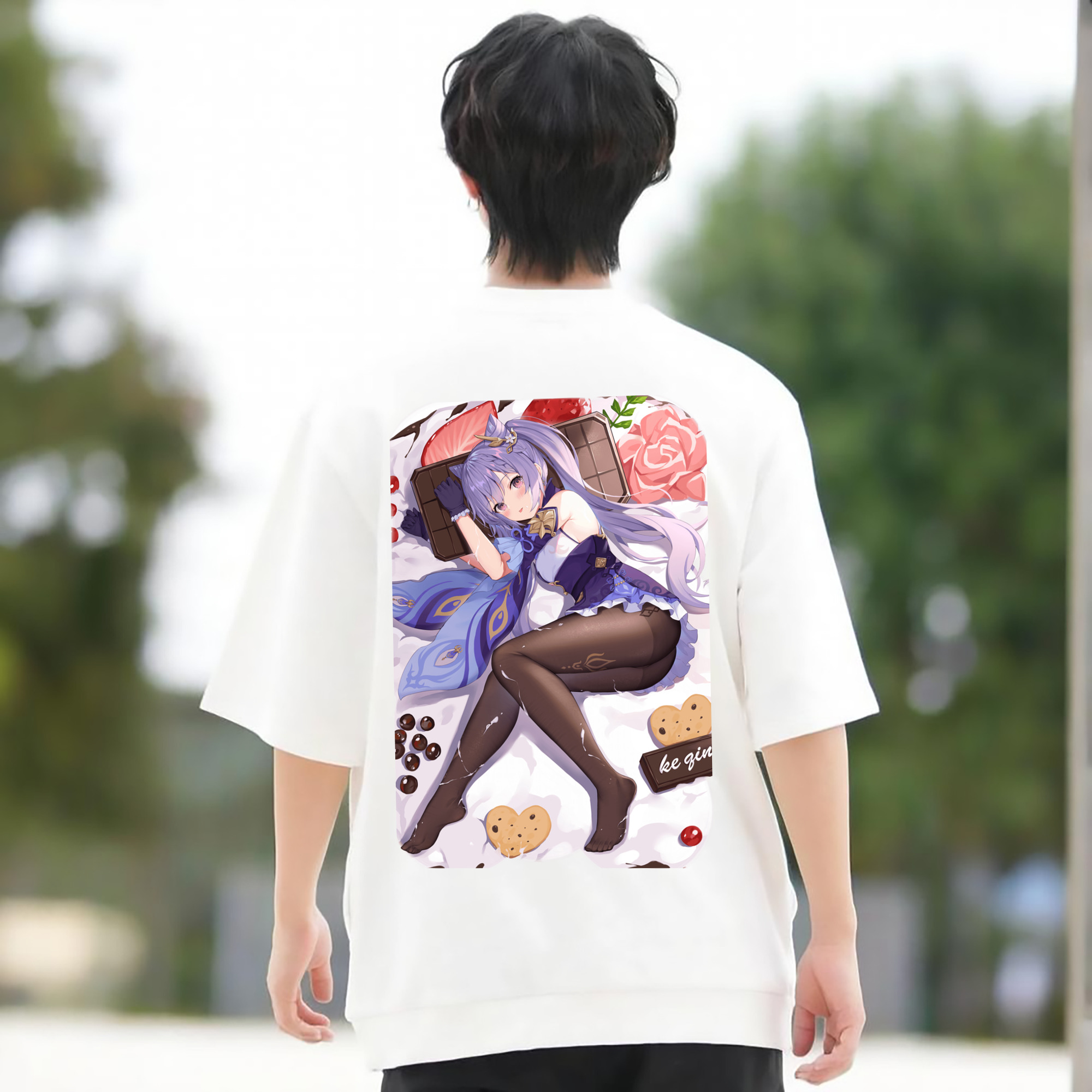げんし神 刻晴 こくせい genshin Kokusei 綿100％ メンズ半袖Tシャツ（バックプリント） 通気性