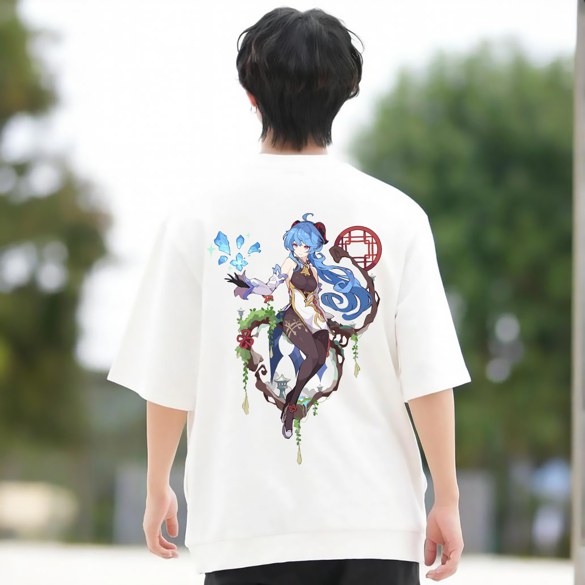 げんし神 甘雨 かんう genshin Ganyu 綿100％ メンズ半袖Tシャツ（バックプリント） 通気性