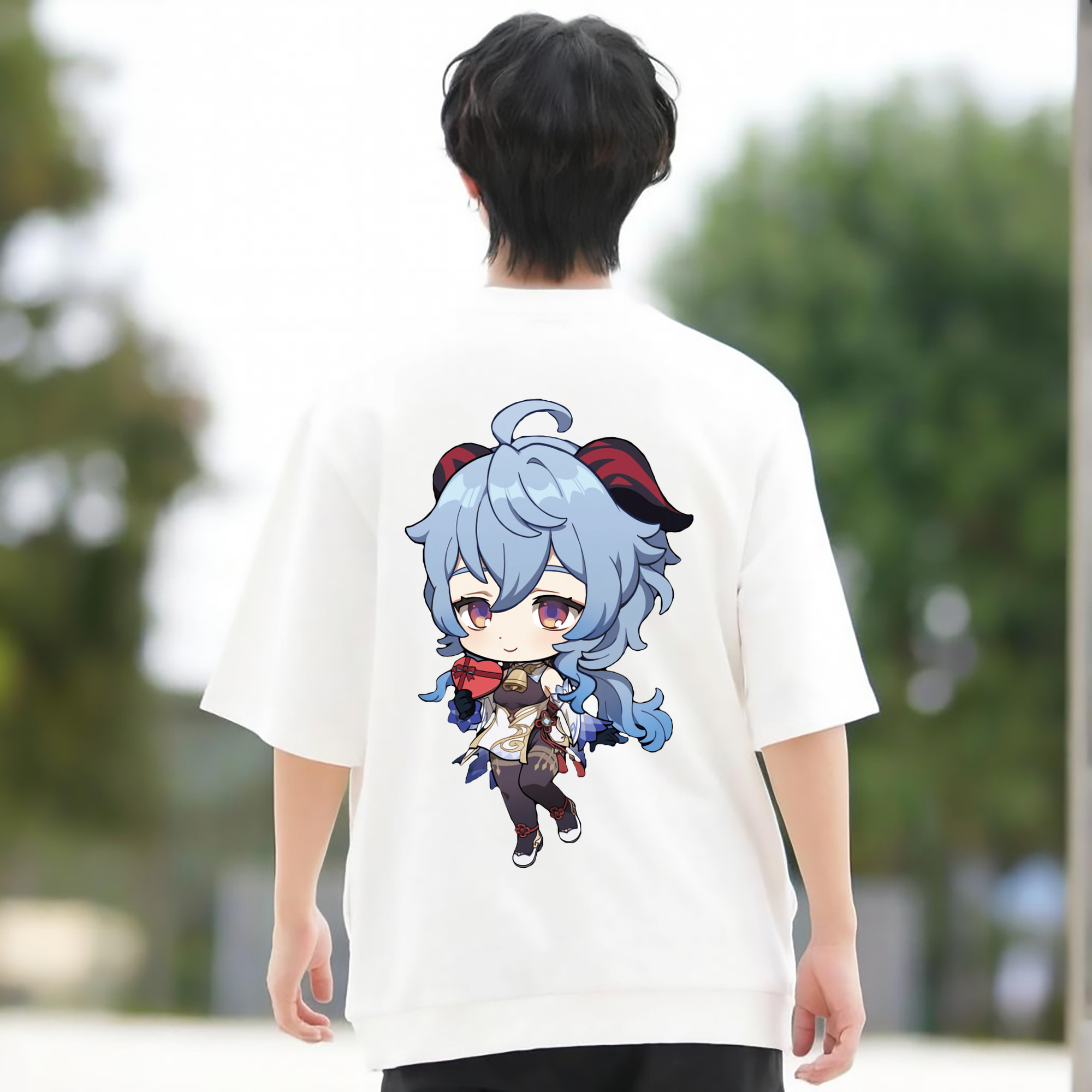 げんし神 甘雨 かんう genshin Ganyu 綿100％ メンズ半袖Tシャツ（バックプリント） 通気性