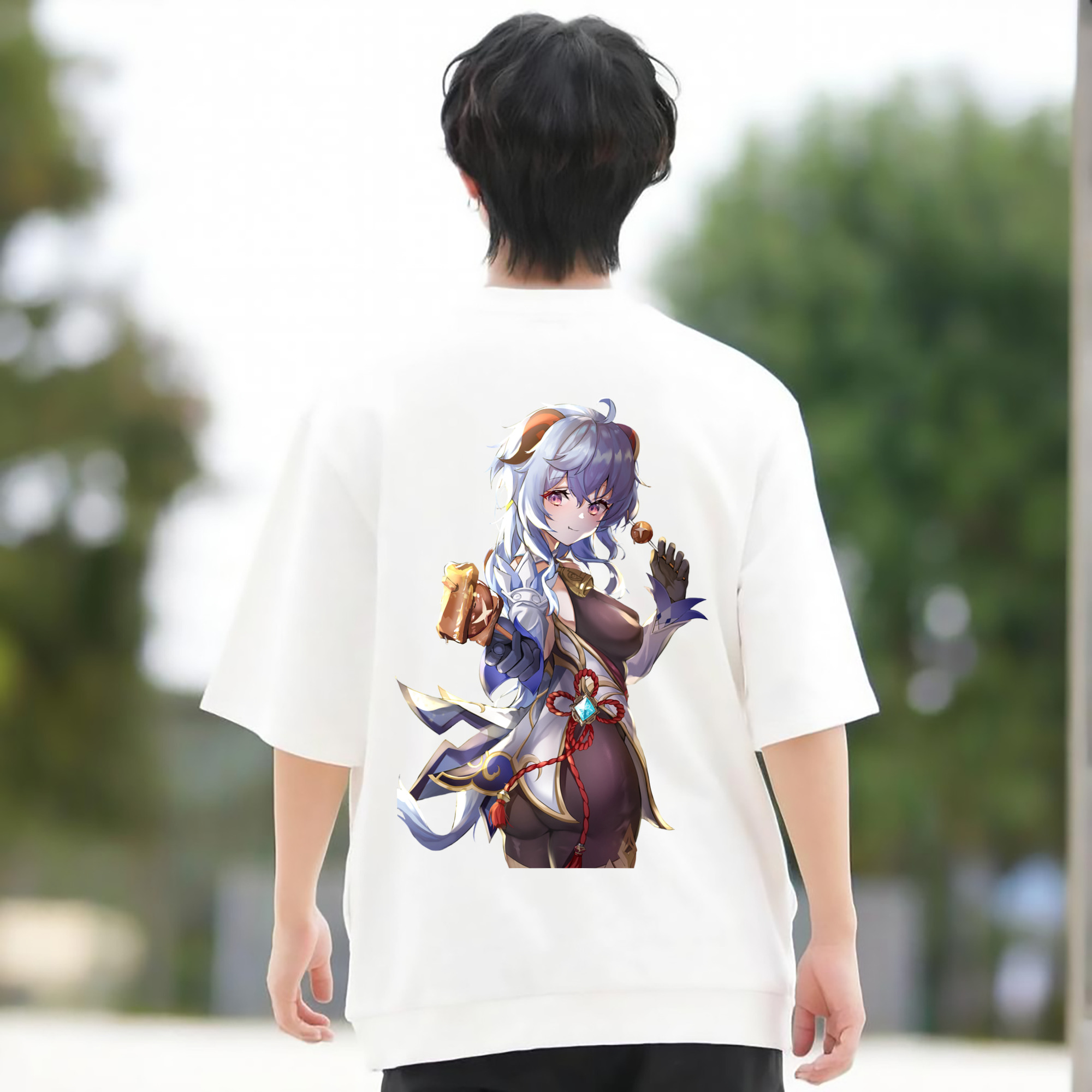 げんし神 甘雨 かんう genshin Ganyu 綿100％ メンズ半袖Tシャツ（バックプリント） 通気性