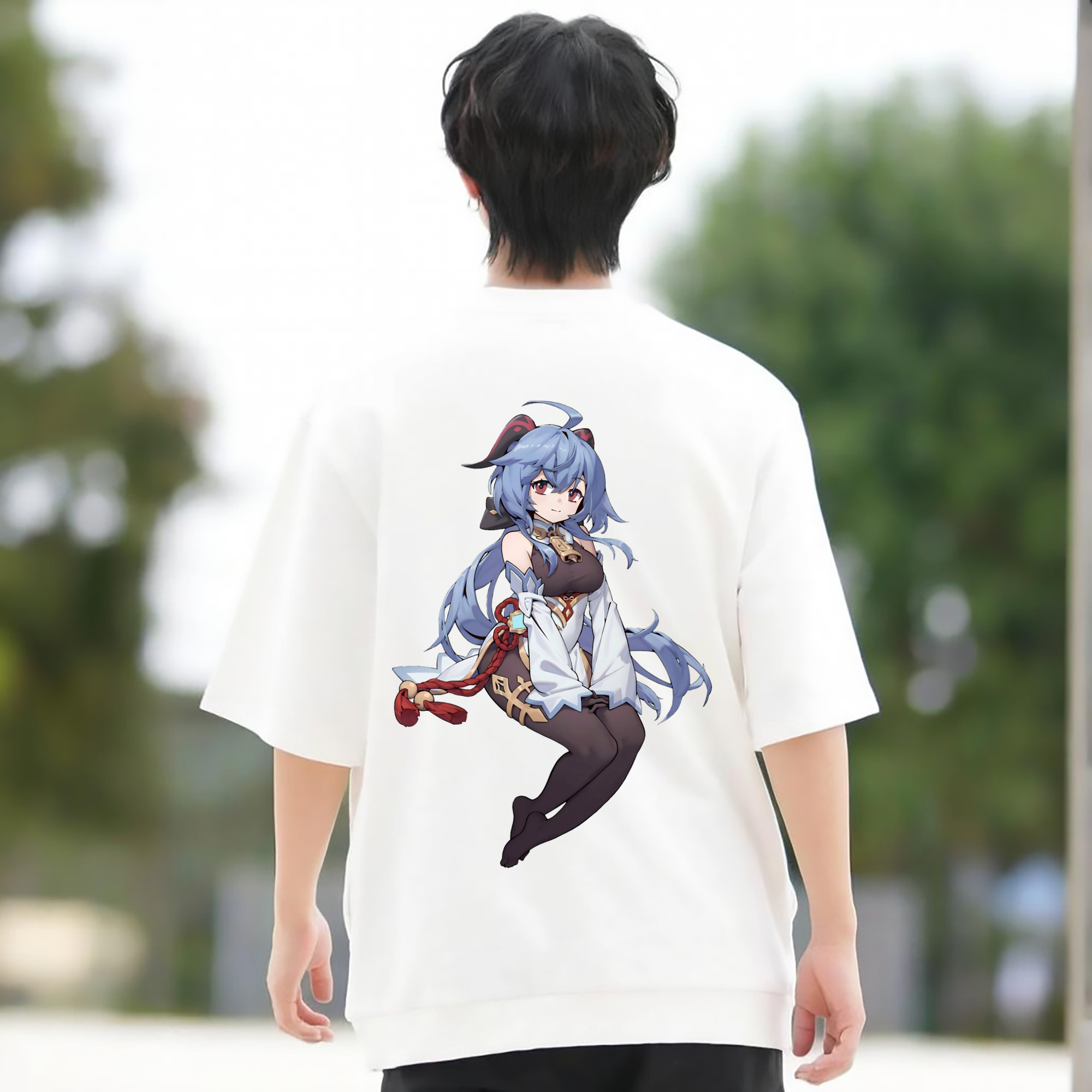 げんし神 甘雨 かんう genshin Ganyu 綿100％ メンズ半袖Tシャツ（バックプリント） 通気性