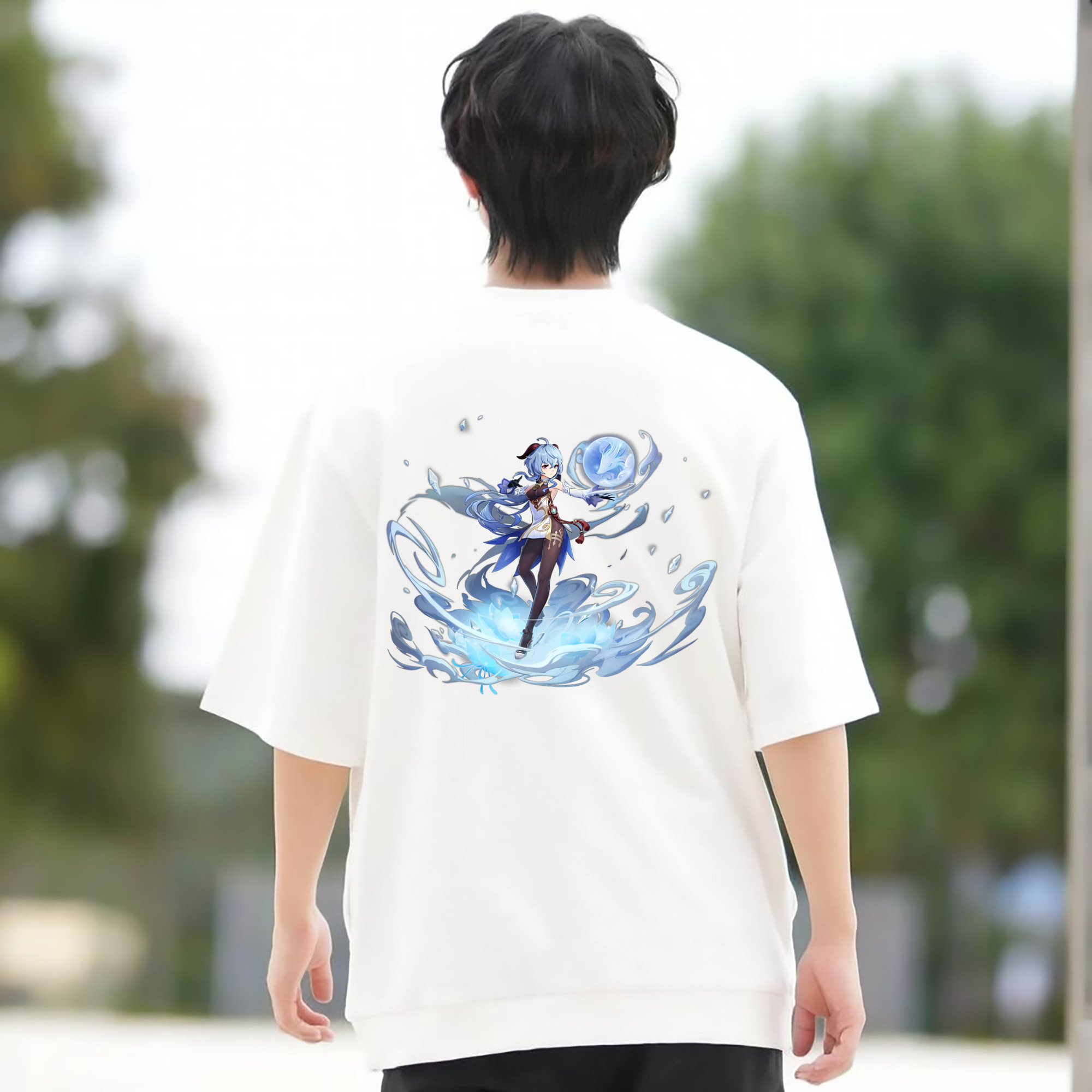 げんし神 甘雨 かんう genshin Ganyu 綿100％ メンズ半袖Tシャツ（バックプリント） 通気性