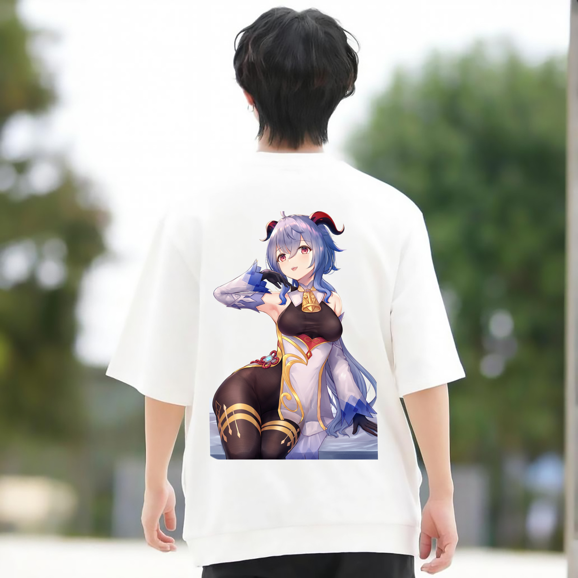 げんし神 甘雨 かんう genshin Ganyu 綿100％ メンズ半袖Tシャツ（バックプリント） 通気性