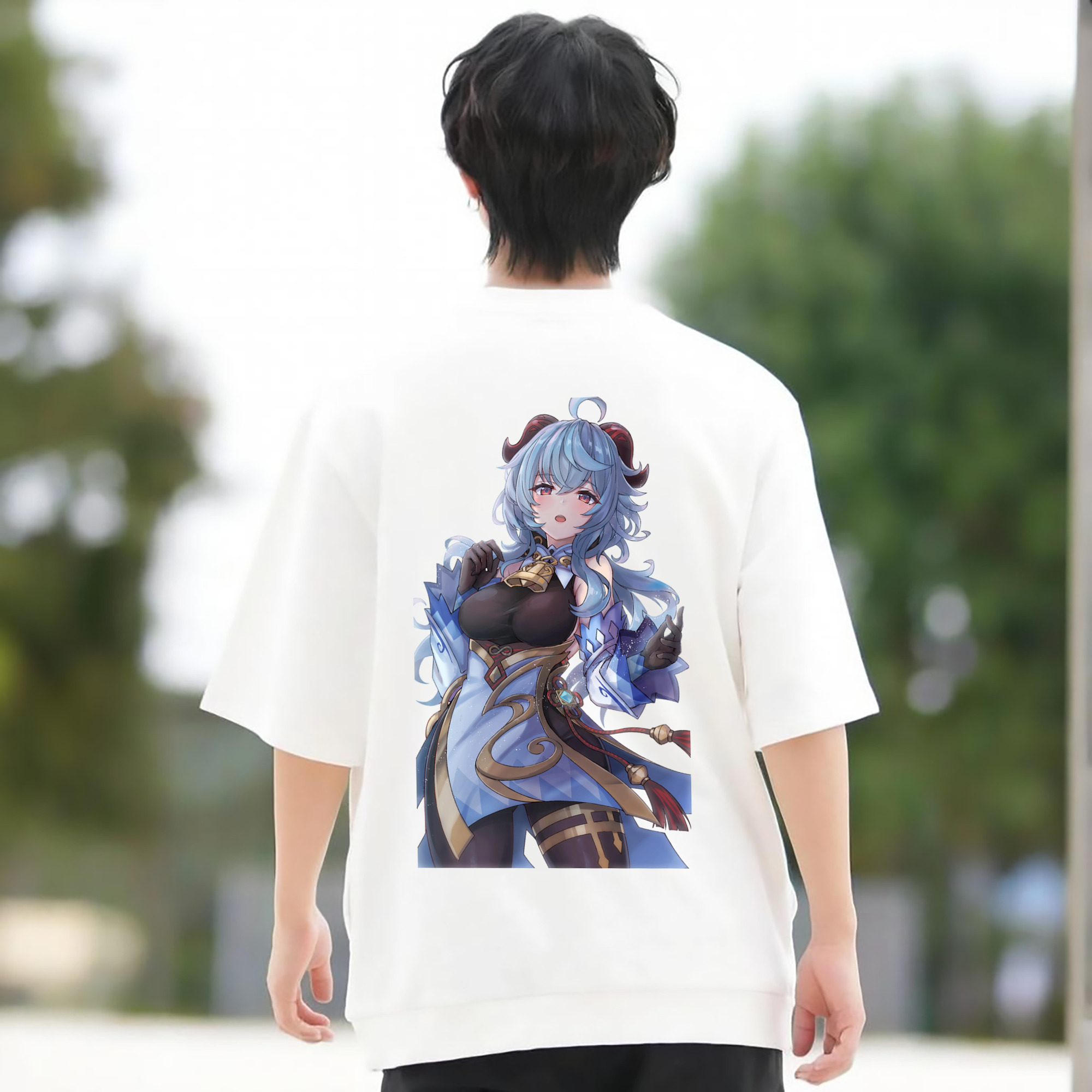 げんし神 甘雨 かんう genshin Ganyu 綿100％ メンズ半袖Tシャツ（バックプリント） 通気性