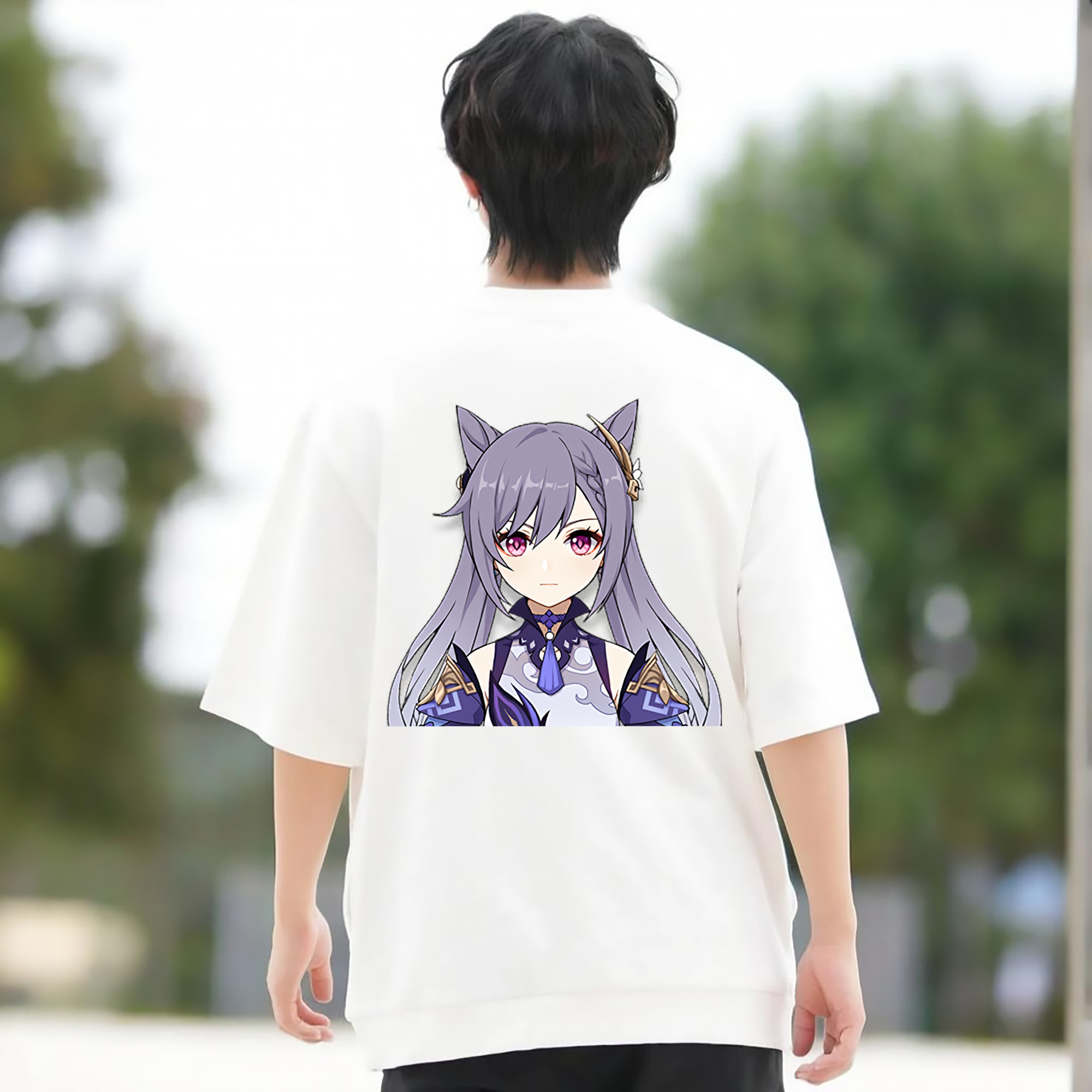 げんし神 刻晴 こくせい genshin Kokusei 綿100％ メンズ半袖Tシャツ（バックプリント） 通気性