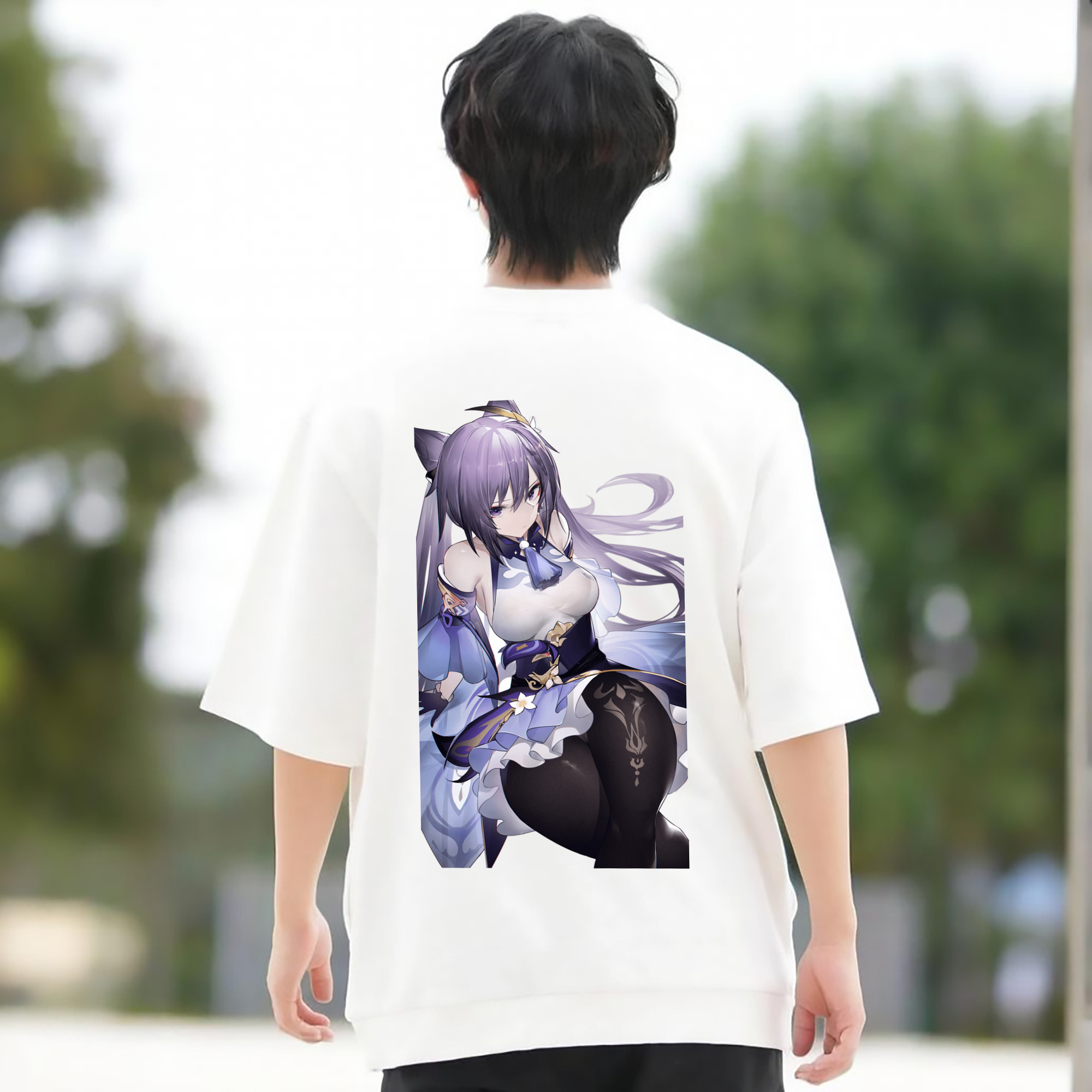 げんし神 刻晴 こくせい genshin Kokusei 綿100％ メンズ半袖Tシャツ（バックプリント） 通気性