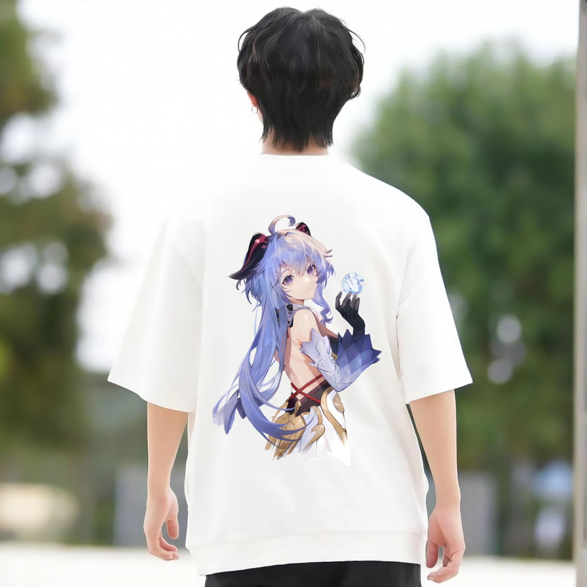 げんし神 甘雨 かんう genshin Ganyu 綿100％ メンズ半袖Tシャツ（バックプリント） 通気性