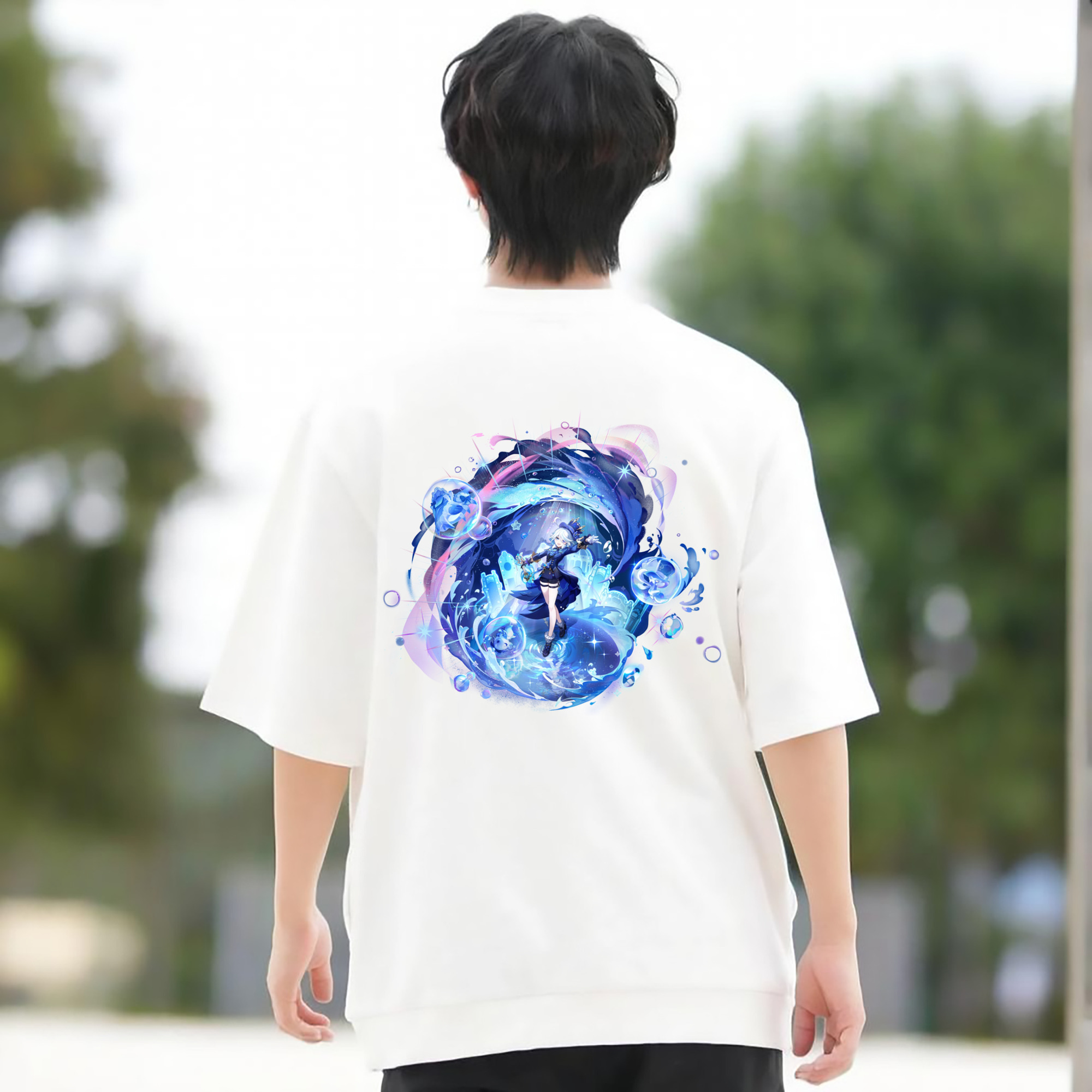 げんし神 フリーナ genshin Furina 綿100％ メンズ半袖Tシャツ（バックプリント） 通気性
