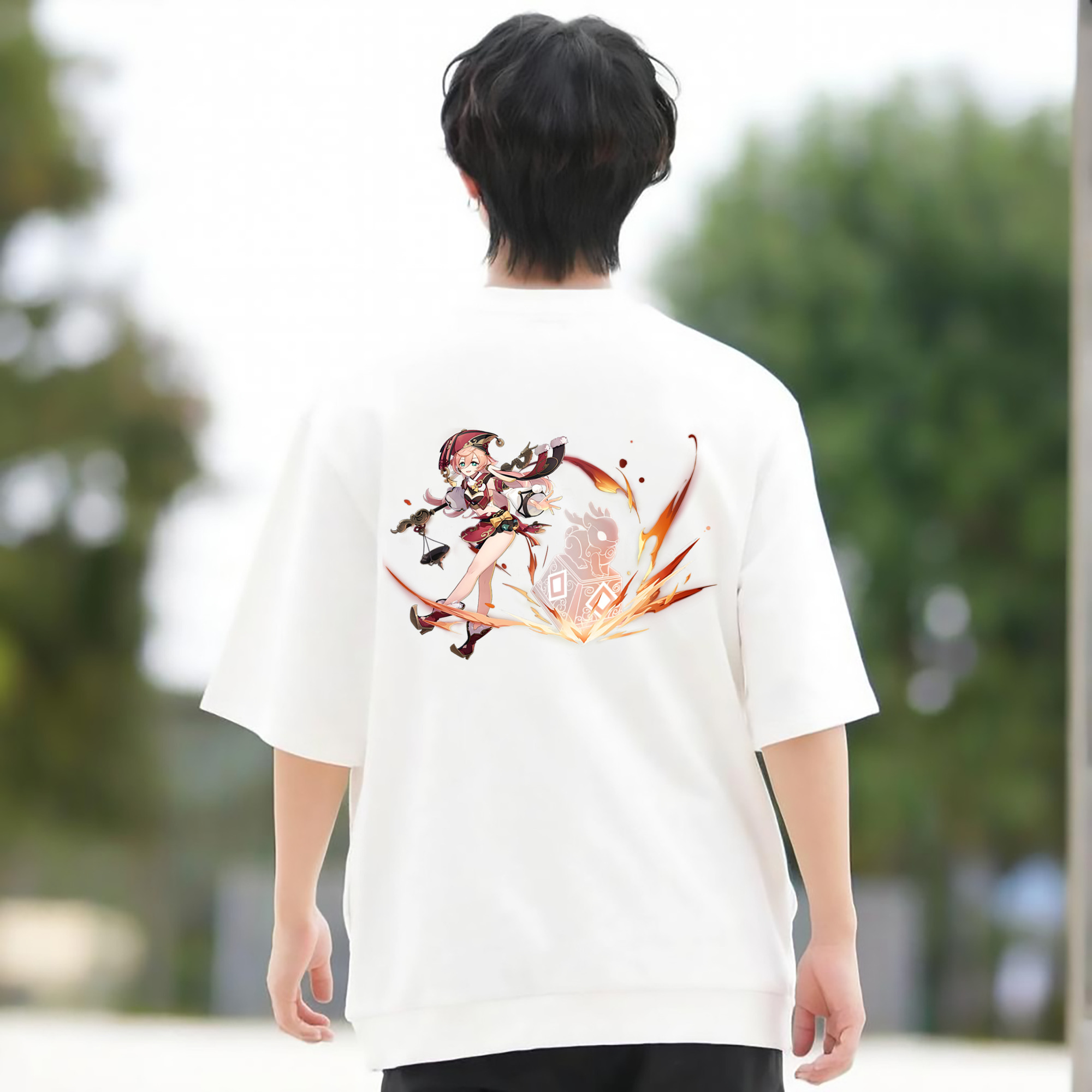 げんし神 ヤンフェイ genshin Yanfei 綿100％ メンズ半袖Tシャツ（バックプリント） 通気性