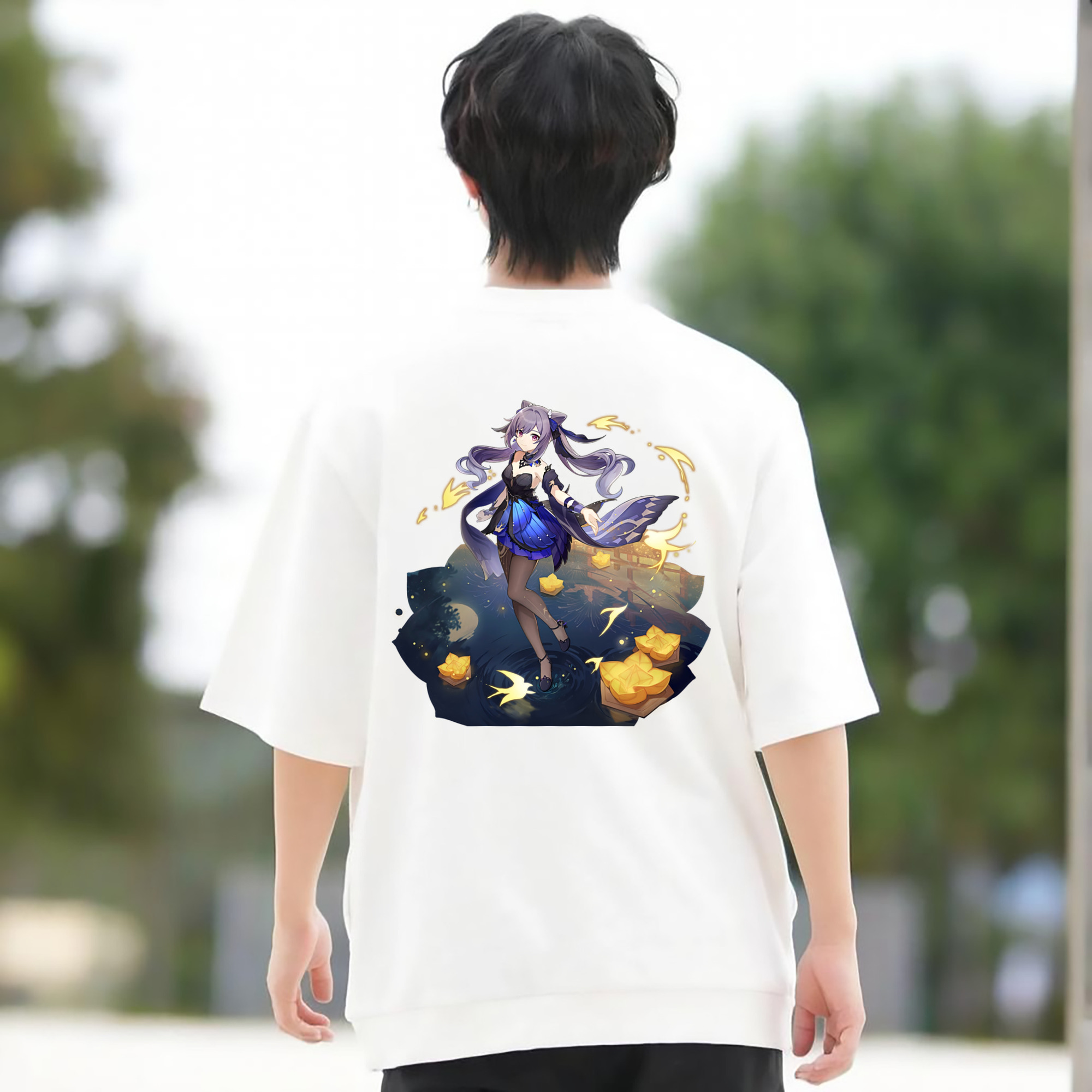 げんし神 刻晴 こくせい genshin Kokusei 綿100％ メンズ半袖Tシャツ（バックプリント） 通気性