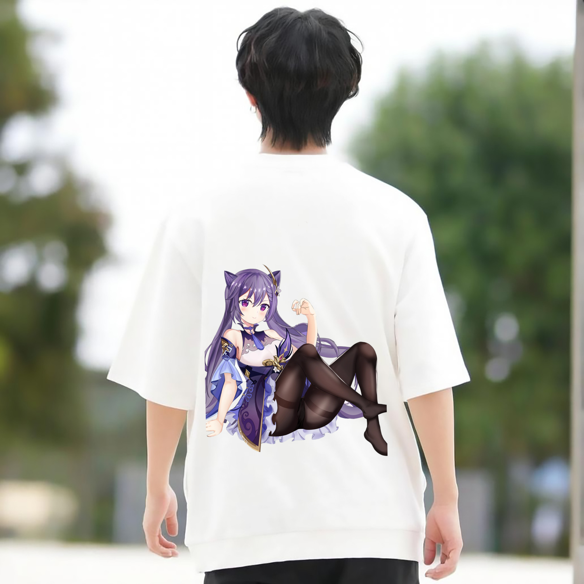 げんし神 刻晴 こくせい genshin Kokusei 綿100％ メンズ半袖Tシャツ（バックプリント） 通気性