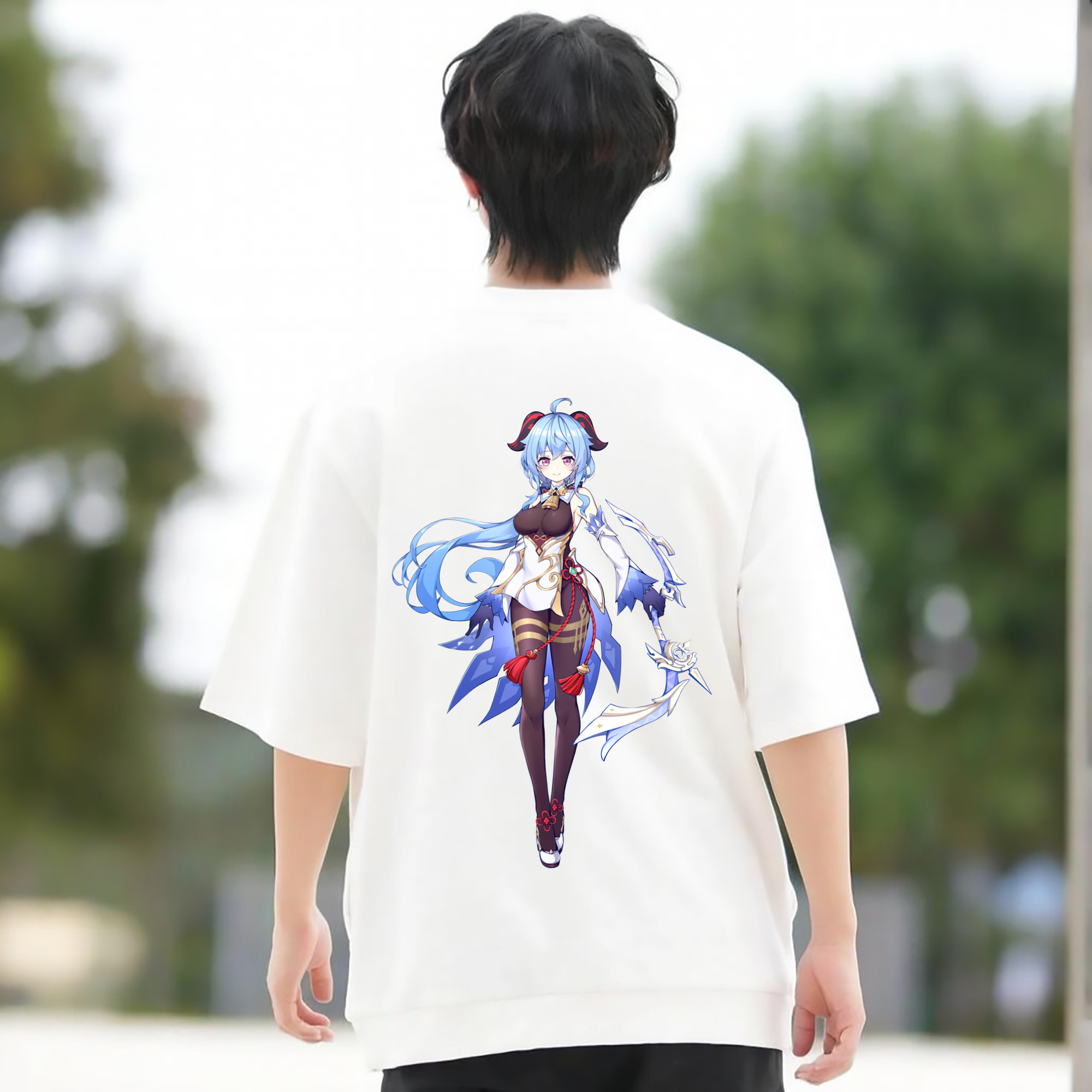 げんし神 甘雨 かんう genshin Ganyu 綿100％ メンズ半袖Tシャツ（バックプリント） 通気性