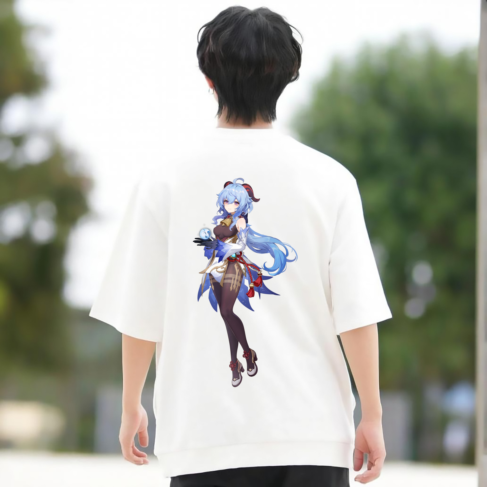 げんし神 甘雨 かんう genshin Ganyu 綿100％ メンズ半袖Tシャツ（バックプリント） 通気性