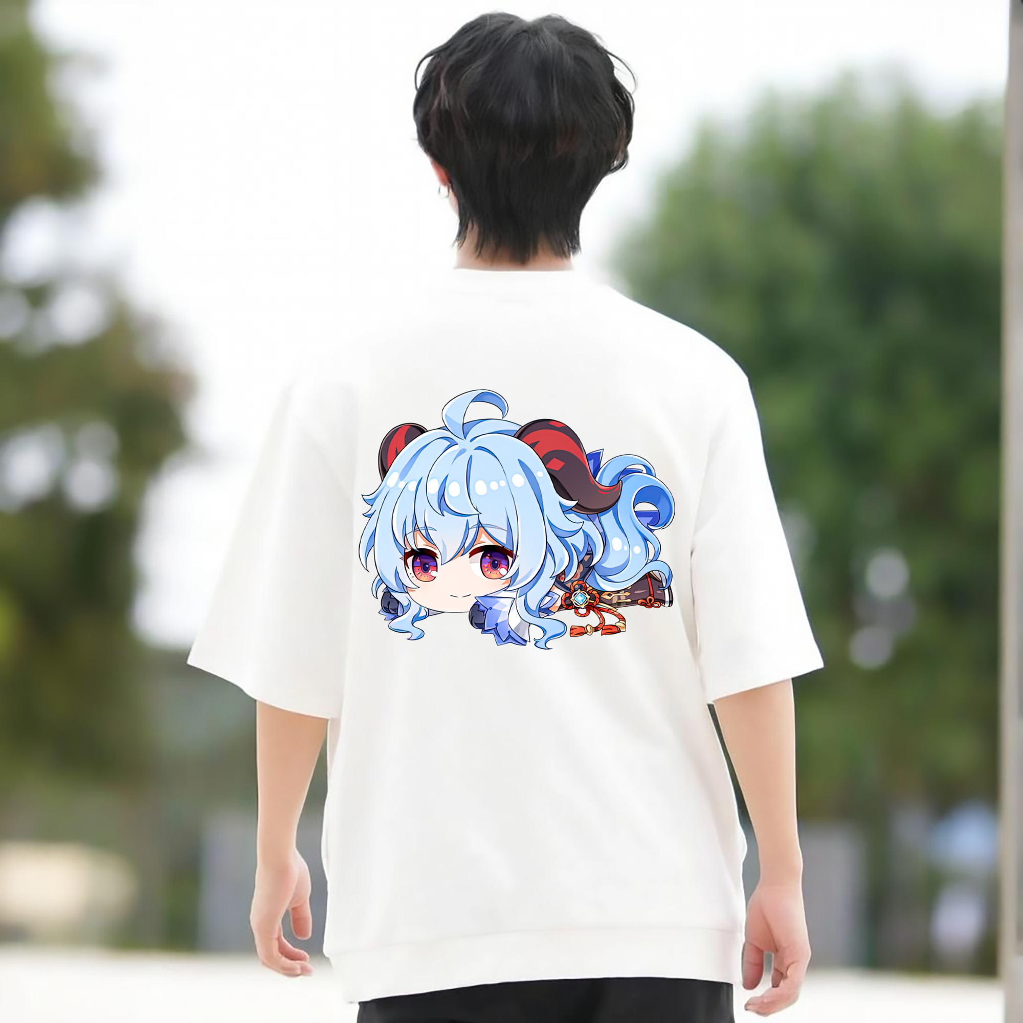 げんし神 甘雨 かんう genshin Ganyu 綿100％ メンズ半袖Tシャツ（バックプリント） 通気性