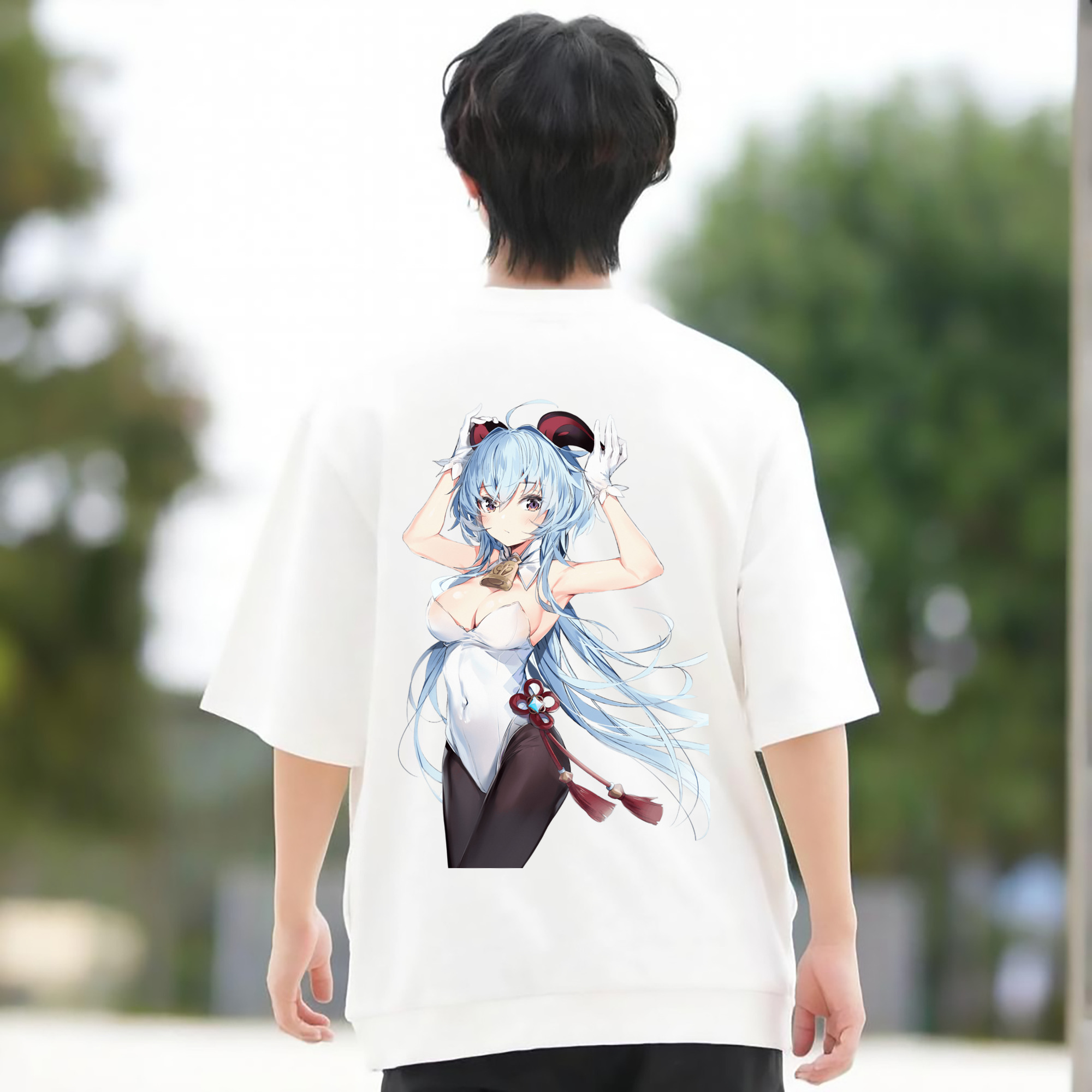 げんし神 甘雨 かんう genshin Ganyu 綿100％ メンズ半袖Tシャツ（バックプリント） 通気性