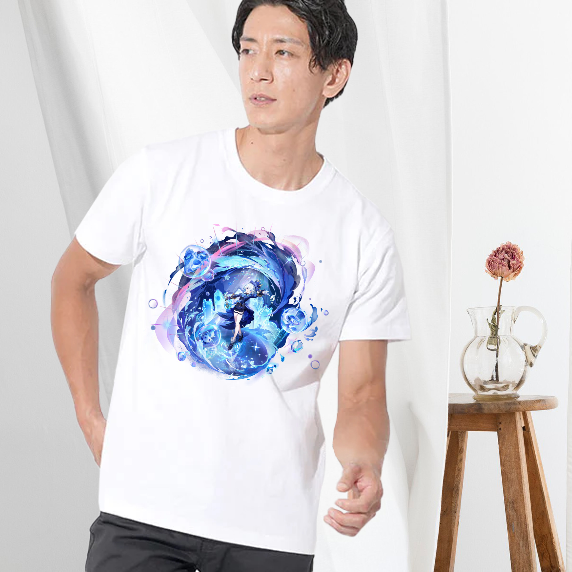 げんし神 フリーナ genshin Furina 綿100％ メンズ半袖Tシャツ｜肌触りやわらか＆通気性